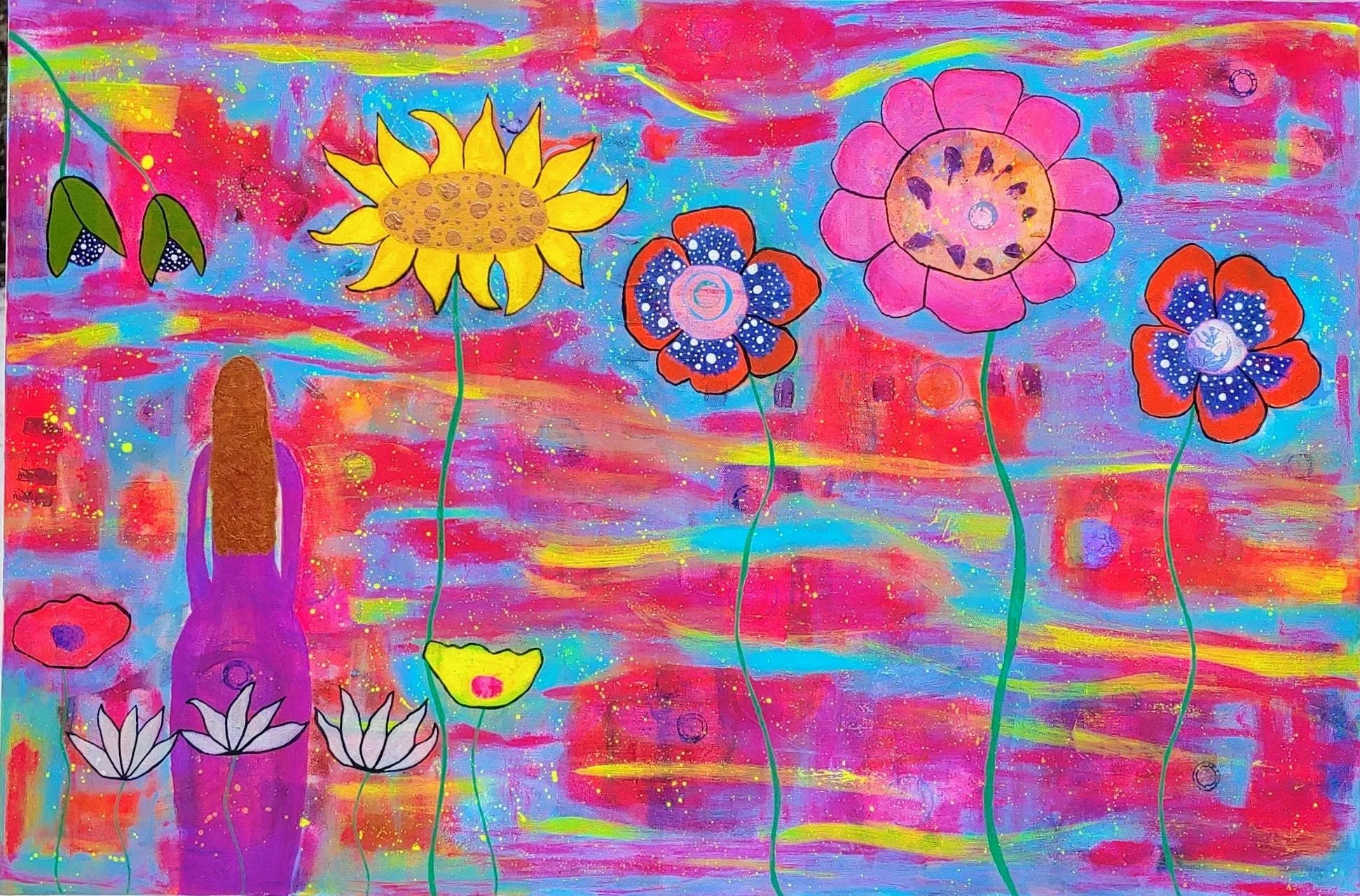 "Home" ©2026 24x36 Acrylic painting on stretched canvas
A soft, whimsy painting infused with bright, bold color depicting how I feel sitting amongst the flowers in my yard and patio. My time in nature is sacred and grounding. A lovely time of release