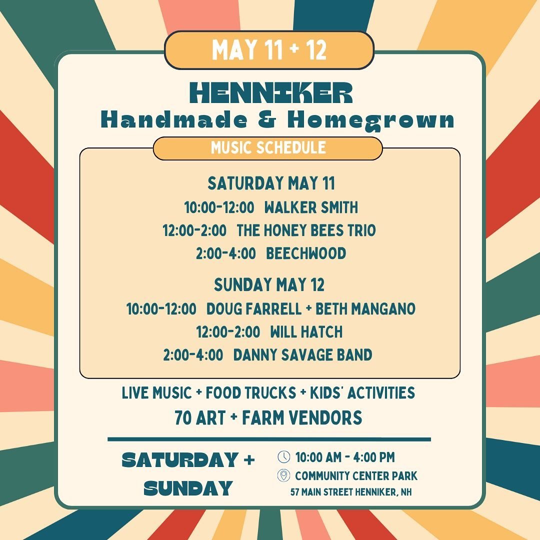 We will be at Henniker Handmade &amp; Homegrown today &amp; tomorrow! Join us for local shopping, live music &amp; delicious food! ☀️ 

@hennikercommunitymarket 

#nhevents #nhmade #madeinnh #hennikernh #madeinewhampshire #newhampshiremade #newhampsh