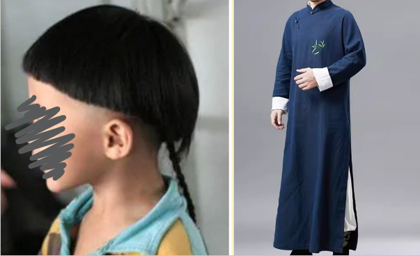 The boy had a neat bowl-cut, with a short, thin braid tied at the back of his head. He wore an old-style dark blue changshan, oddly layered with a leather vest over it.