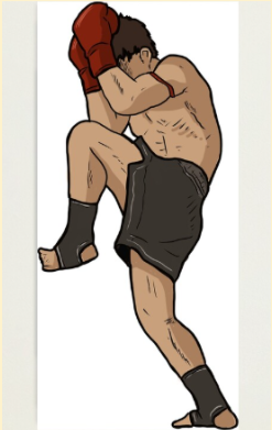 He bent his knees, stretched his legs, then straightened his back and raised both hands to either side of his temples, one knee slightly lifted.