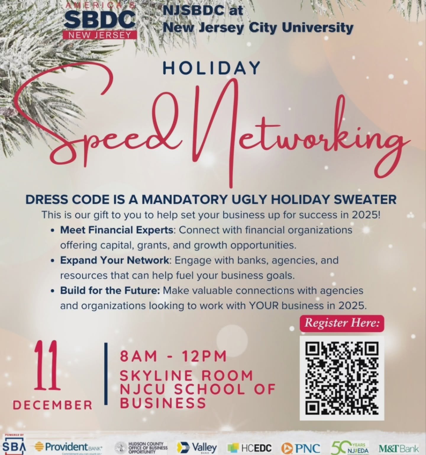 �FREE Holiday Speed Networking event to connect small businesses like you with resources that can help you succeed in 2025.
Event Description:
Join us for a festive and impactful Holiday Speed Networking Event designed to empower sma