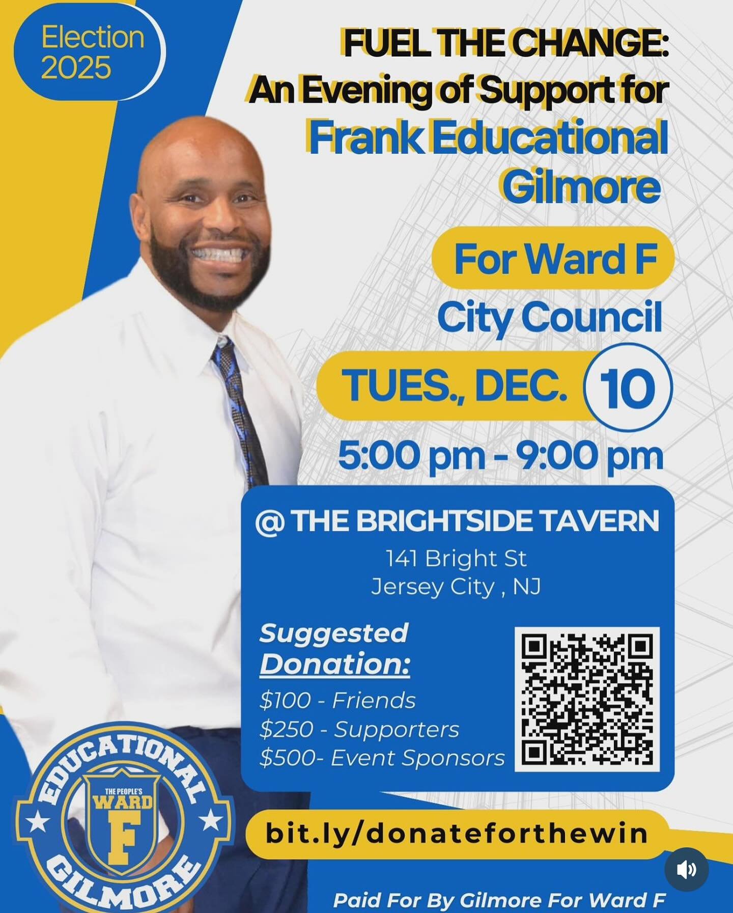 🎉 Fuel the Change – Gilmore For Ward F Fundraising Event
Help us make Ward F better and brighter by joining me at our next fundraising event!
When: Tuesday, December 10th at 5:00 PM
Where: Brightside Tavern
Your support fuels the chan