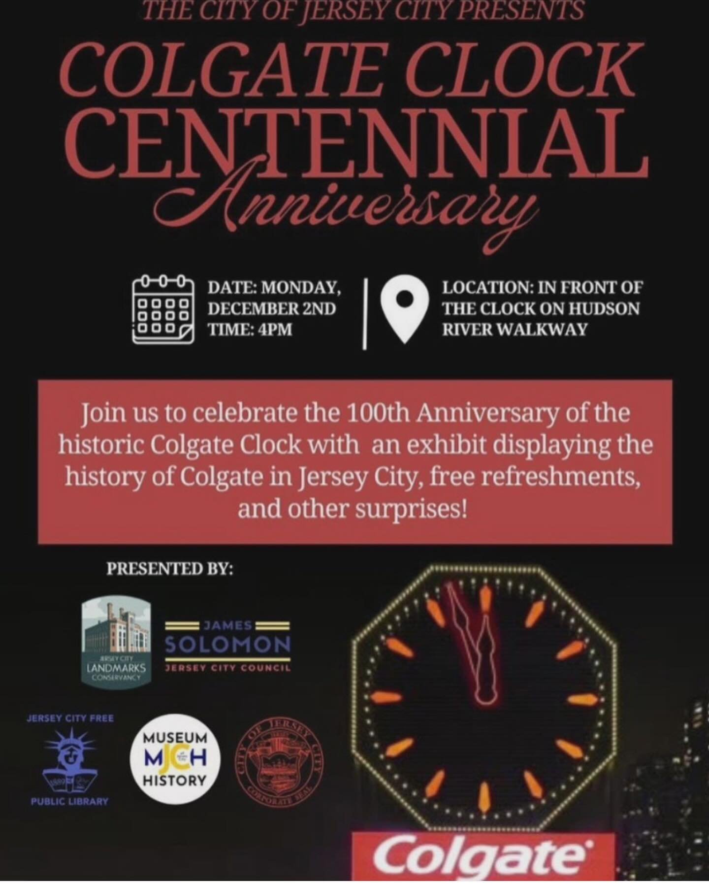 The Colgate Clock, a cherished Jersey City landmark, was first illuminated in 1924 atop the Colgate-Palmolive factory. Standing 50 feet in diameter, it remains one of the largest clocks in the world and a symbol of the city’s industrial heritag