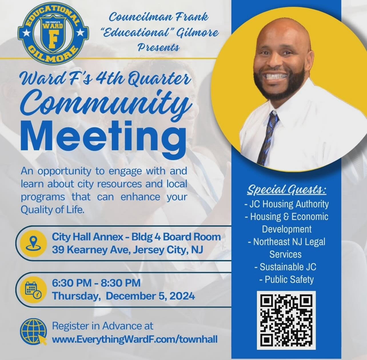 🚨 Join Us for Councilman Frank Gilmore's Next Community Meeting! 🚨
📅 When: Thursday, December 5th at 6:30 pm
📍 Where: 39 Kearney Ave (Four Jackson Square) and via Zoom: Join Here
💻 Zoom Meeting ID: 826 4644 7178
This is your chance to share yo