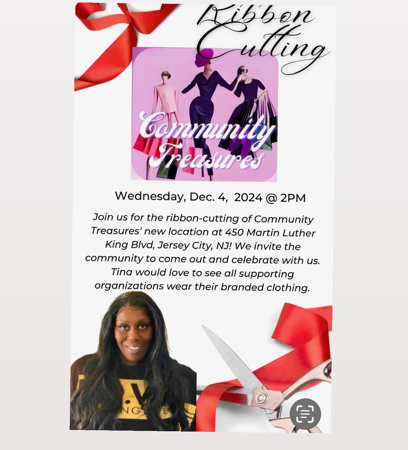 Community Treasures Ribbon Cutting
Wednesday, Dec. 4, 2024 @ 2PM
Join us for the ribbon-cutting of Community Treasures' new location at 450 Martin Luther
King Blvd, Jersey City, NJ! We invite the community to come out and celebrate with us.
Tina @