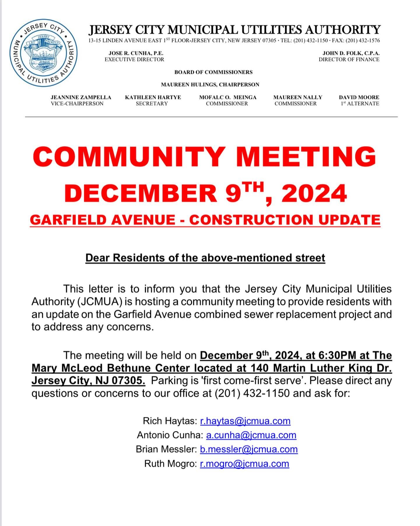 The meeting will be held on December 9th, 2024, at 6:30PM at The Mary McLeod Bethune Center located at 140 Martin Luther King Dr. Jersey City, NJ 07305. Parking is 'first come-first serve’. Please direct any questions or concerns to our office