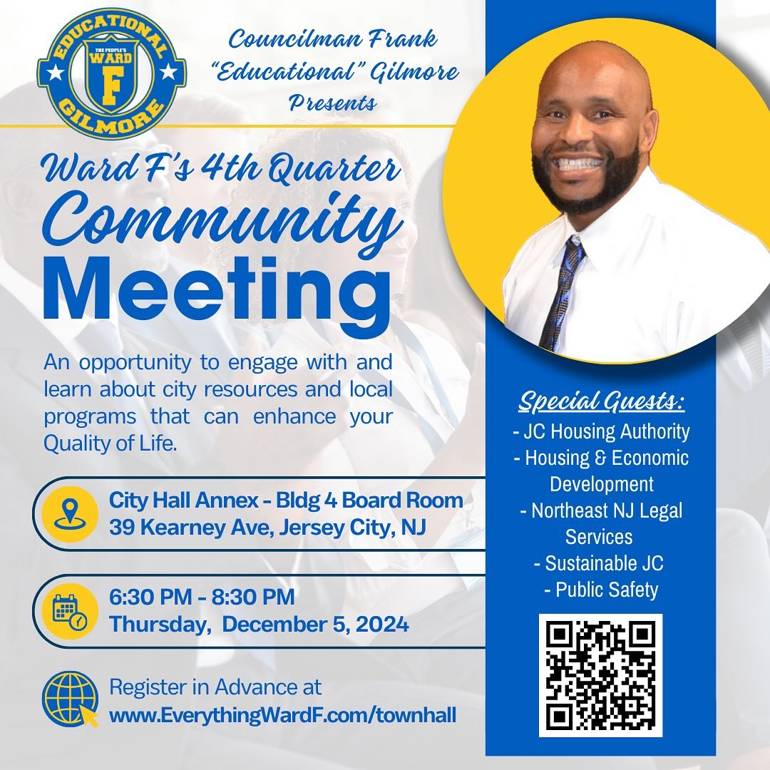 🚨 Join Us for Councilman Frank Gilmore's Next Community Meeting! 🚨
📅 When: Thursday, December 5th at 6:30 pm
📍 Where: 39 Kearney Ave (Four Jackson Square) and via Zoom: Join Here
💻 Zoom Meeting ID: 826 4644 7178
This is your chance to share yo