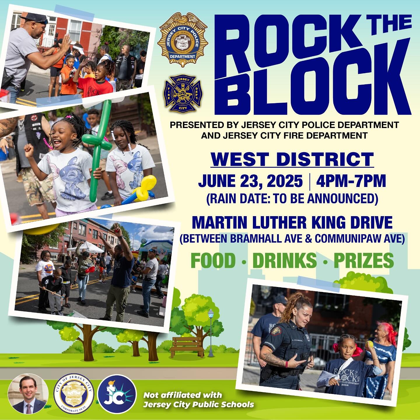🎉 Rock the Block with JCPD West District! 🎉

Mark your calendars  June 23rd is the Annual Rock the Bloc celebration with the JCPD West District!
Get ready to kick off a week of events with the BEST  our very own district!

📍 Location: Martin Luthe