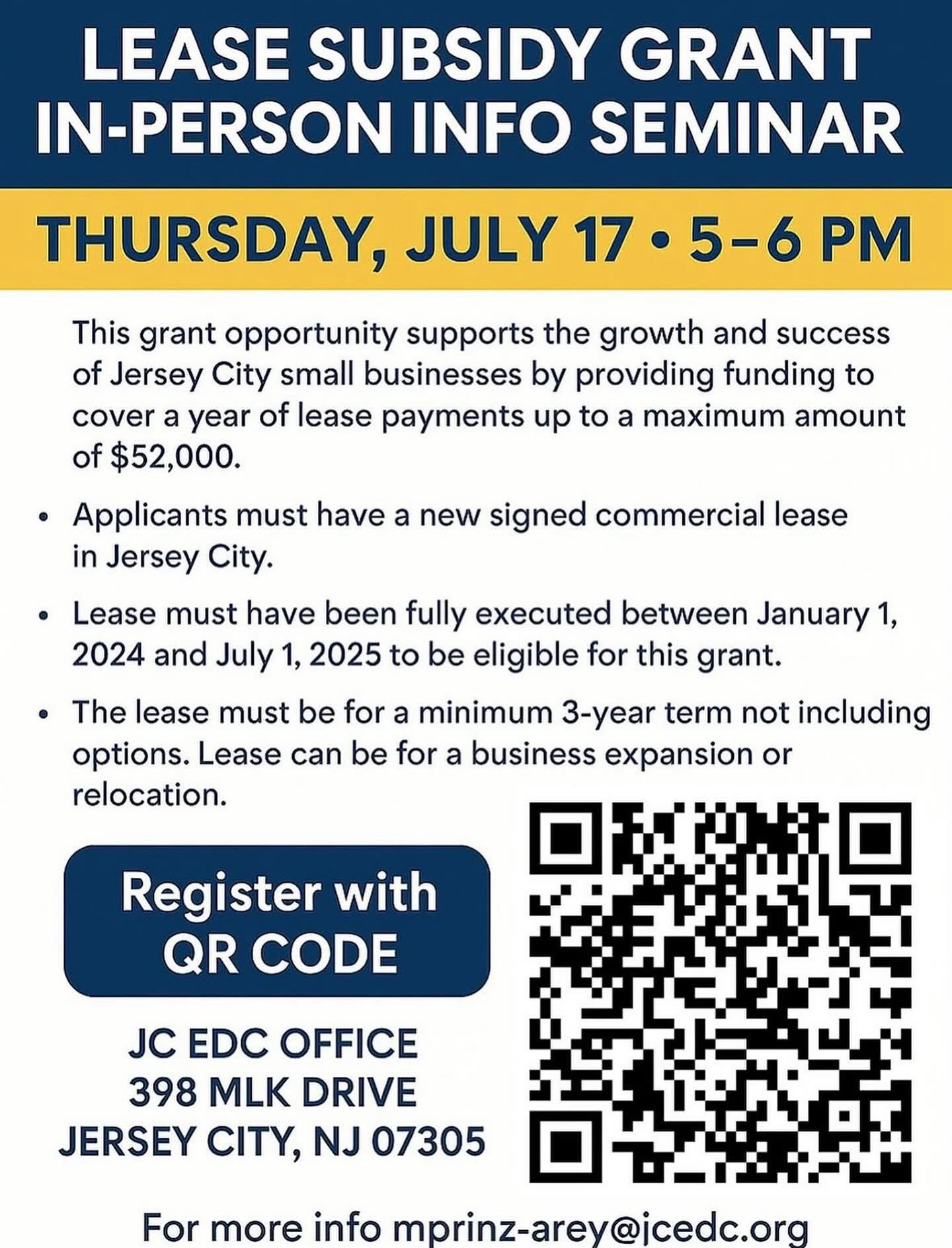 📢 LEASE SUBSIDY GRANT INFO SEMINAR – IN PERSON! 📢
THURSDAY, JULY 17 • 5:00–6:00 PM
📍 JC EDC Office – 398 MLK Drive, Jersey City, NJ 07305
Are you a small business owner in Jersey City? Don’t miss this opportunity to l