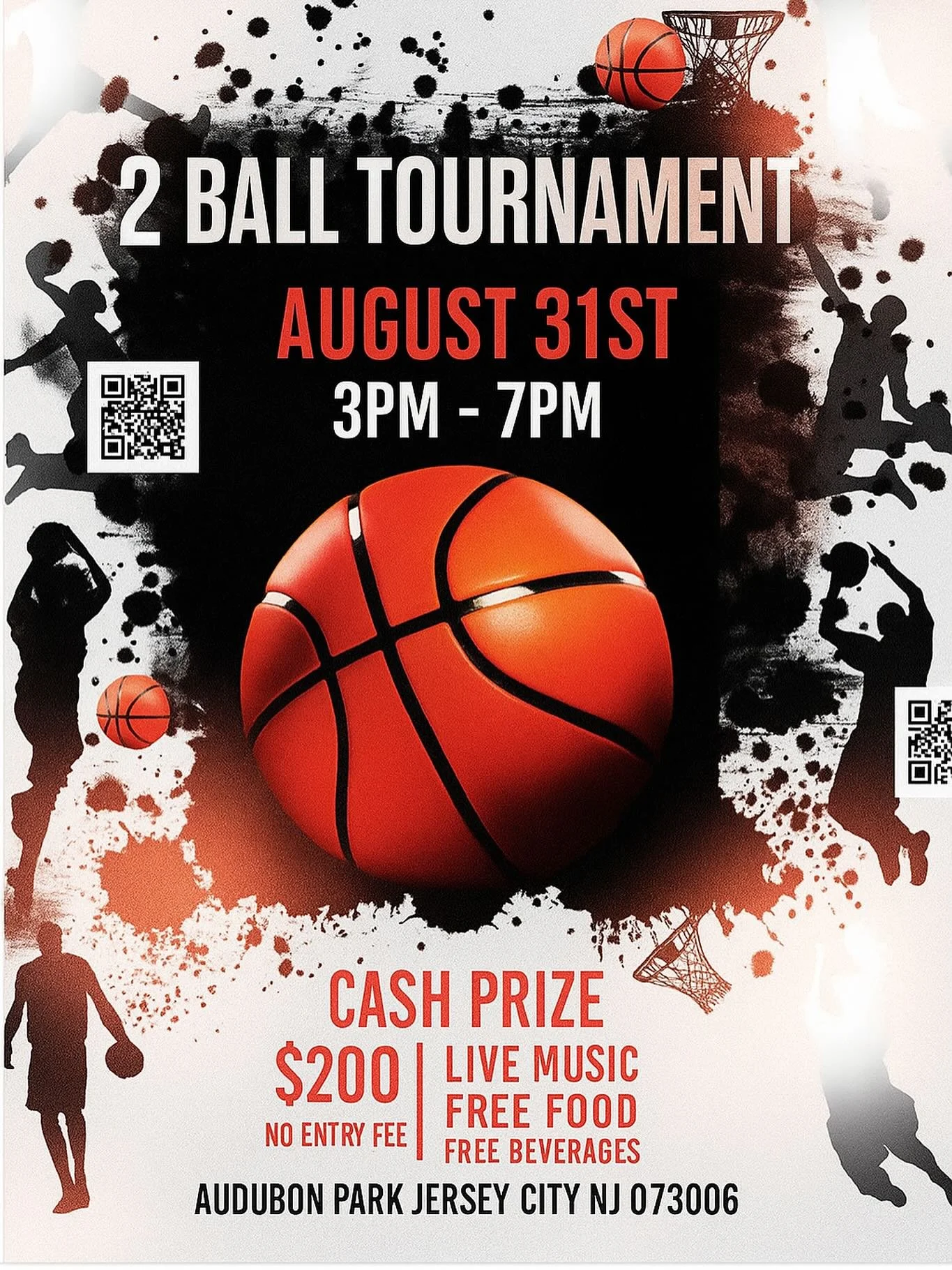 ⸻
🏀🔥 2 BALL TOURNAMENT™ 🔥🏀
📅 August 31st
🕒 3PM – 7PM
📍 Audubon Park, Jersey City, NJ 07306
💰 Cash Prize: $200
🎶 Live Music
🍔 Free Food & Beverages
💸 NO ENTRY FEE!
Pull up, bring your skills, and enjoy a day of hoops, mu