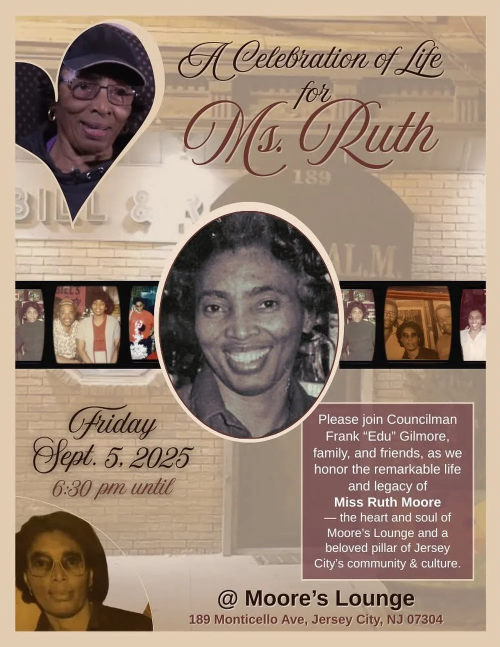 Join us as we honor the remarkable life and legacy of Miss Ruth — the heart and soul of Moore’s Lounge and a beloved pillar of Jersey City’s community and culture.
📍 Moore’s Lounge
189 Monticello Ave, Jersey City, NJ
🗓 Fri