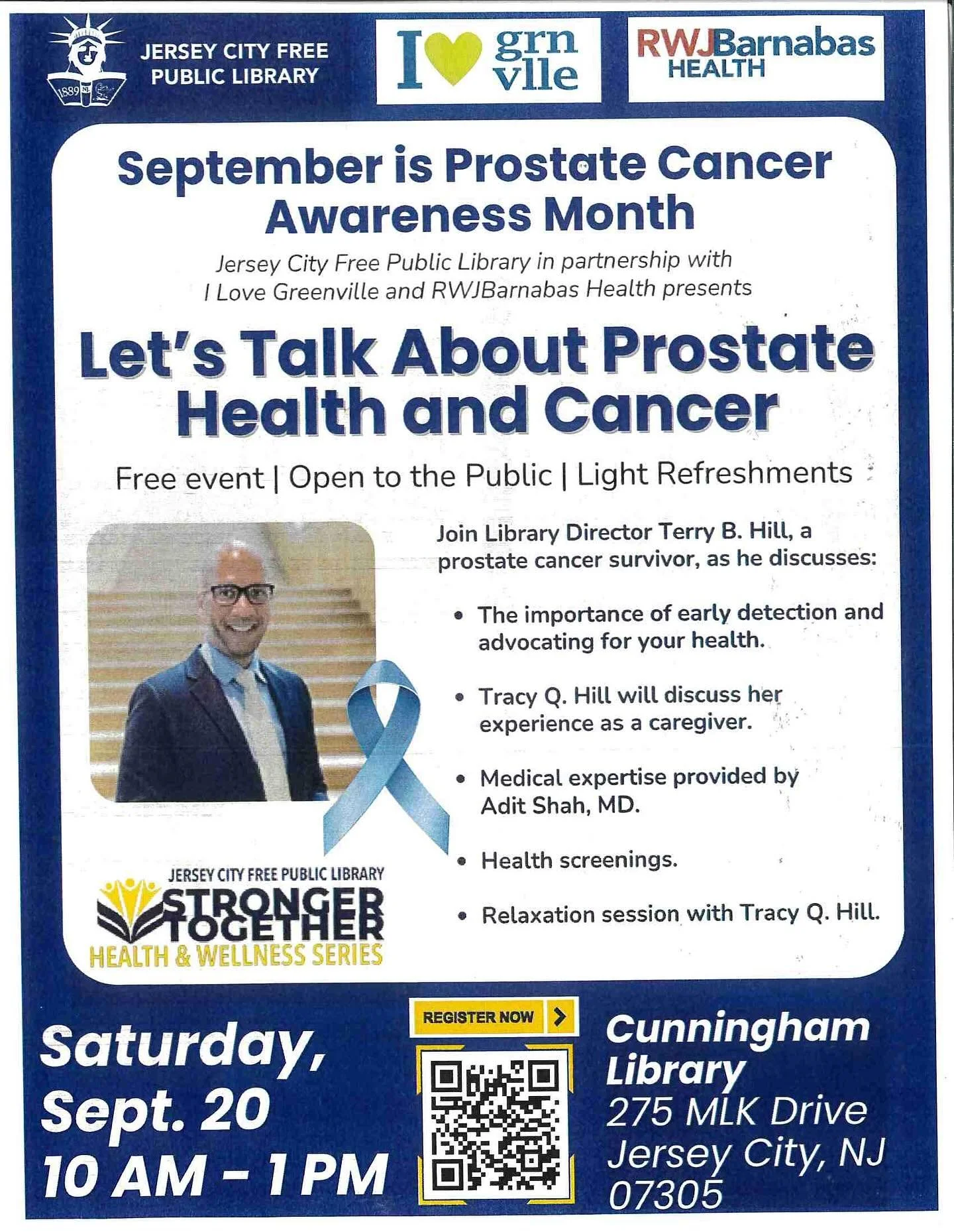 📣 September is Prostate Cancer Awareness Month 💙
The Jersey City Free Public Library, in partnership with I Love Greenville and RWJBarnabas Health, invites you to an empowering health event:
✨ Let’s Talk About Prostate Health and Cancer ✨
?