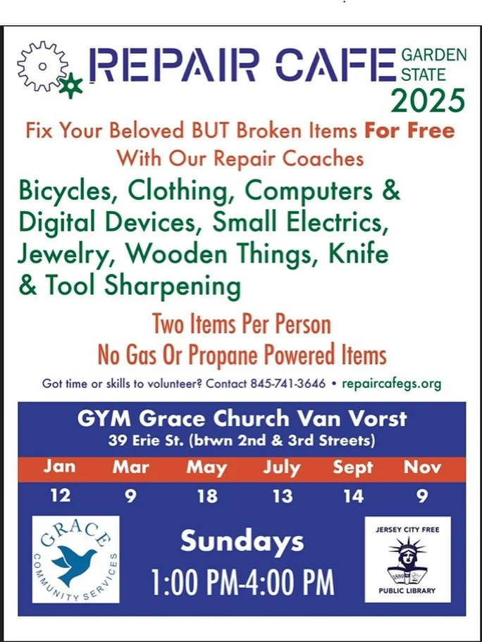 ✨♻️ REPAIR CAFÉ 2025 – Jersey City ♻️✨
Got something broken but too beloved to toss? Bring it to Repair Café and let an amazing volunteer repair coaches help you fix it — for FREE!
🛠️ What they fix:
🚲 Bicycles
👕 Clothi