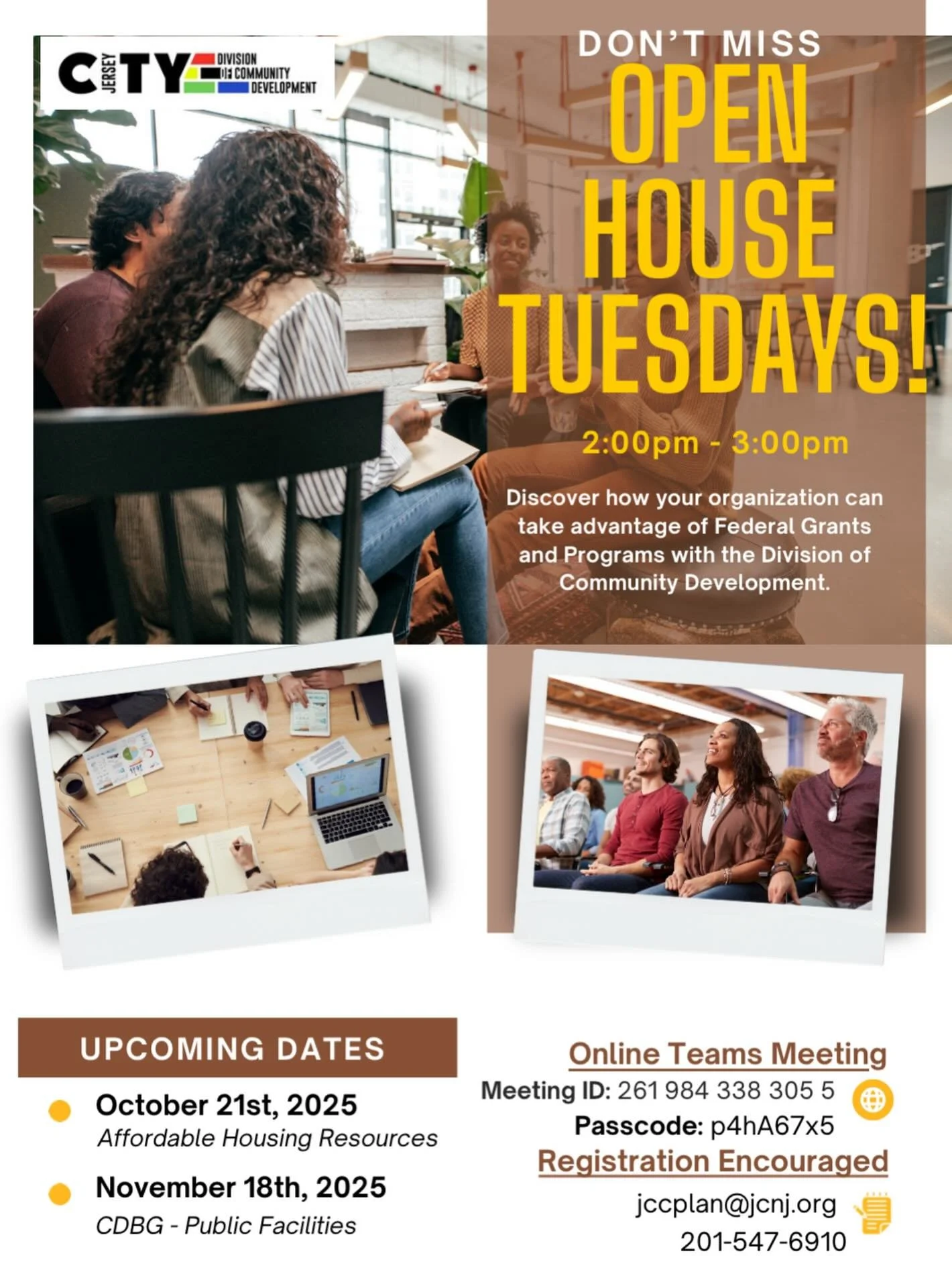 📢 DON’T MISS OPEN HOUSE TUESDAYS!
⏰ 2:00 PM – 3:00 PM | Online via Teams
Join the Division of Community Development and learn how your organization can tap into Federal Grants & Programs.
📅 Upcoming Dates:
	•	October 21, 2025