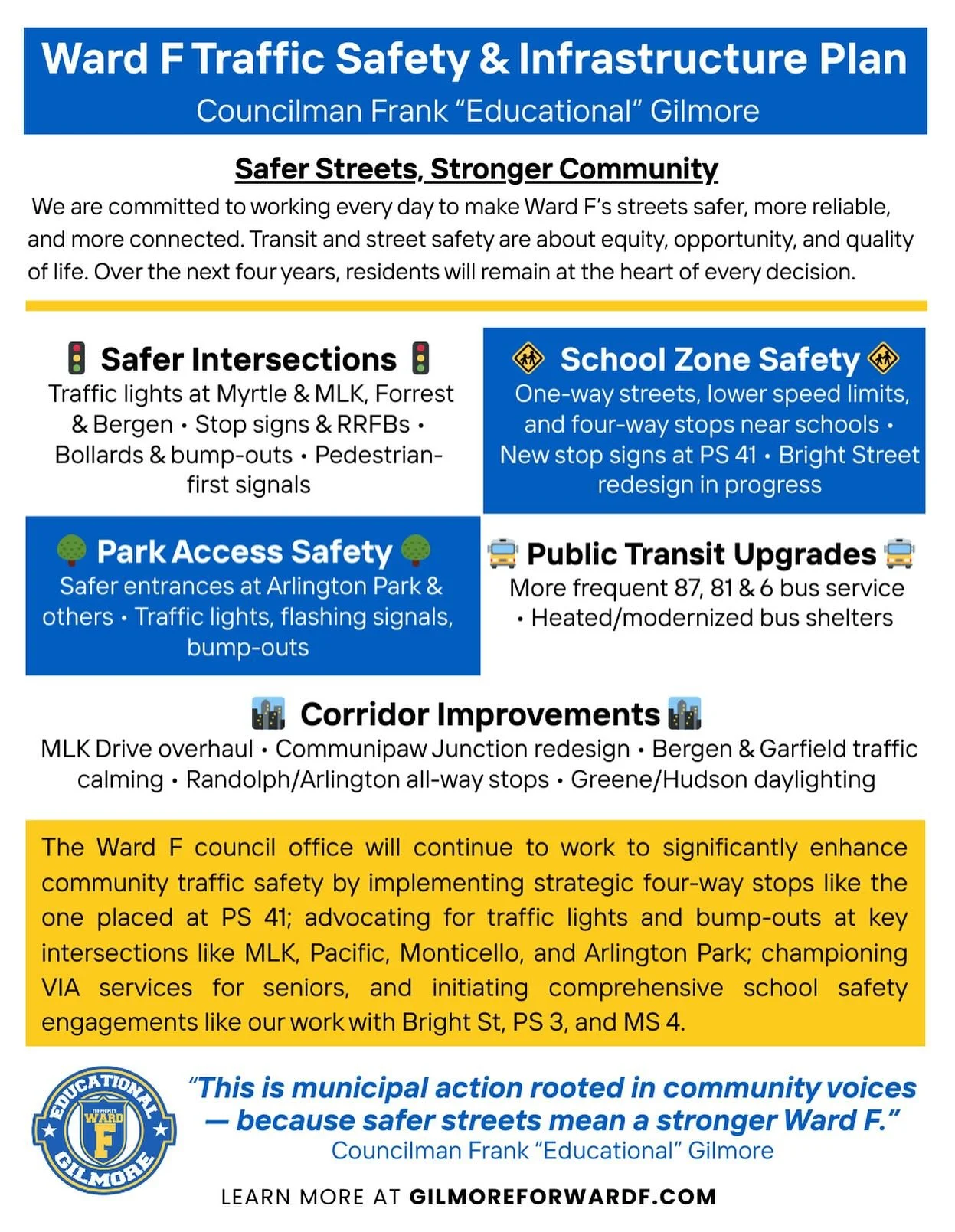 🚦 Safer Streets Ahead for Ward F 🚦

In response to rising concerns about reckless driving, dangerous intersections, and infrastructure gaps, Councilman Frank &ldquo;Educational&rdquo; Gilmore has launched the Ward F Traffic Safety &amp; Infrastruct