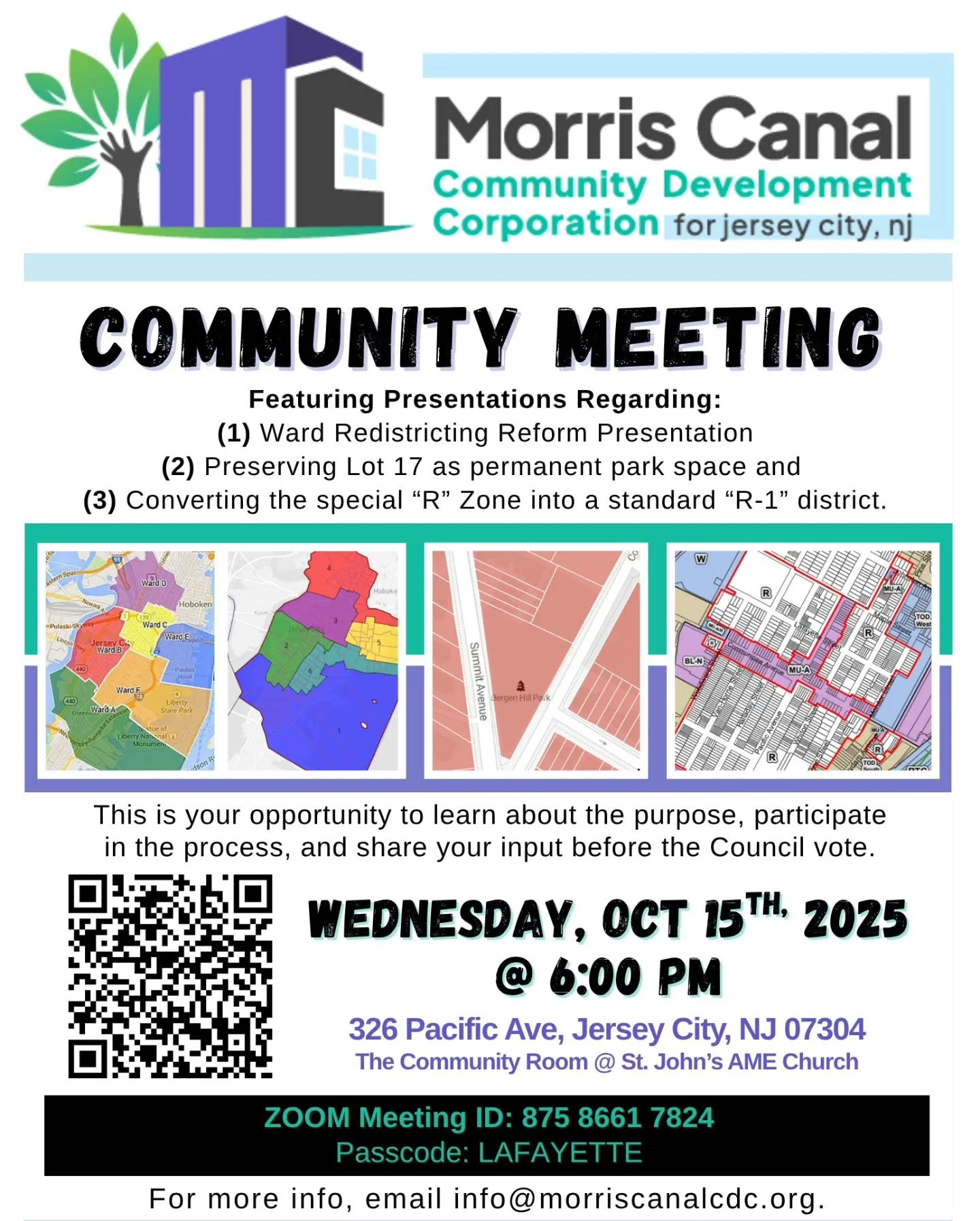 Join us for the Morris Canal CDC Community Meeting on Wednesday, October 15, 2025, at 6 PM (St. John’s on Pacific Ave + Zoom) as we discuss three key issues shaping our neighborhood’s future: 
🌳 the proposal to preserve Lot 17 as permane