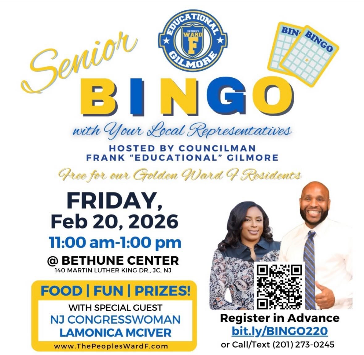 🎉 Calling all Ward F seniors! 
Bingo, prizes, and good company await at the Bethune Center on Feb 20. Hosted by Councilman Frank &ldquo;Educational&rdquo; Gilmore &amp; Congresswoman  LaMonica Mclver @replamonica McIver. 

RSVP required: https://bit