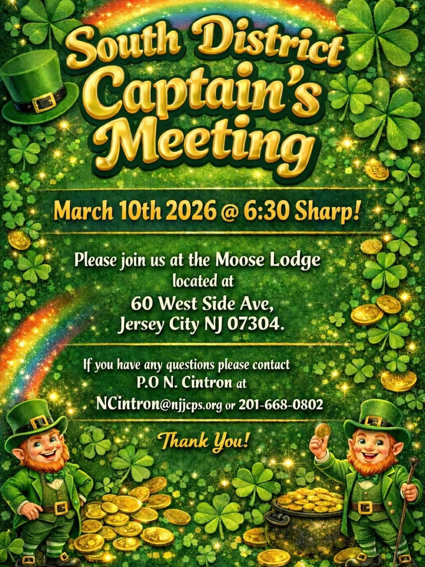 South District Captains Meeting 🚨

Residents are encouraged to attend the upcoming South District Captains Meeting to discuss important community matters.

🗓 March 10th
⏰ 6:30 PM SHARP
📍 Moose Lodge
60 West Side Ave, Jersey City

This is your oppo