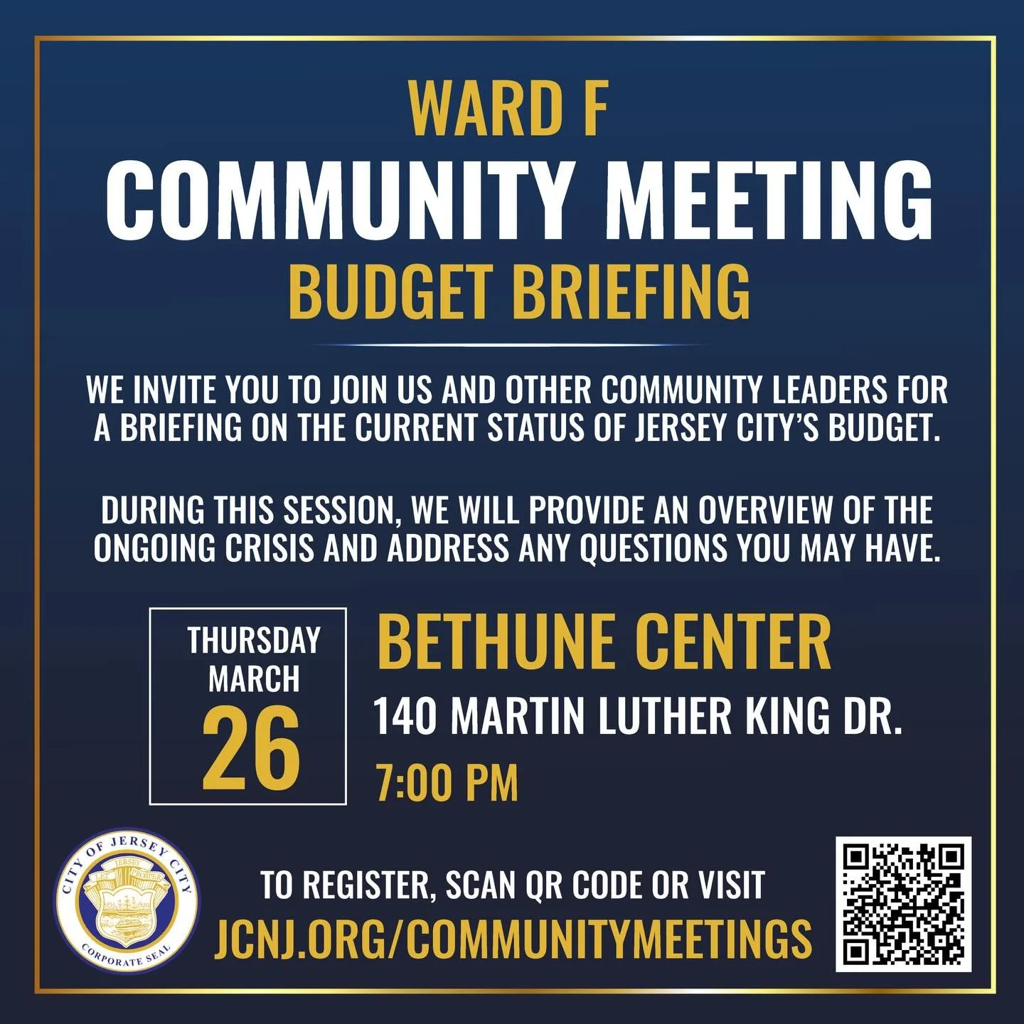 📢 Jersey City Residents: Your Voice Matters!

The Mayor&rsquo;s Office of Jersey City is hosting a series of Budget Town Halls in every ward throughout the month of March, and all residents are invited to participate.

These town halls are an opport