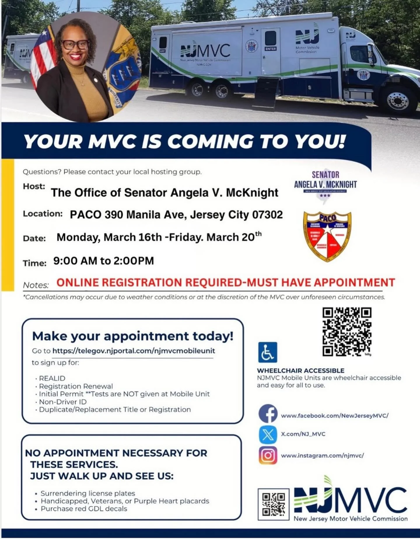 The Mobile DMV is coming to Paco at 390 Manila Ave in Jersey City! From Monday, March 16th - Friday, March 20th, between 9am-2pm, the mobile DMV will be at our downtown Jersey City office. Online registration is required and you must show up at your 
