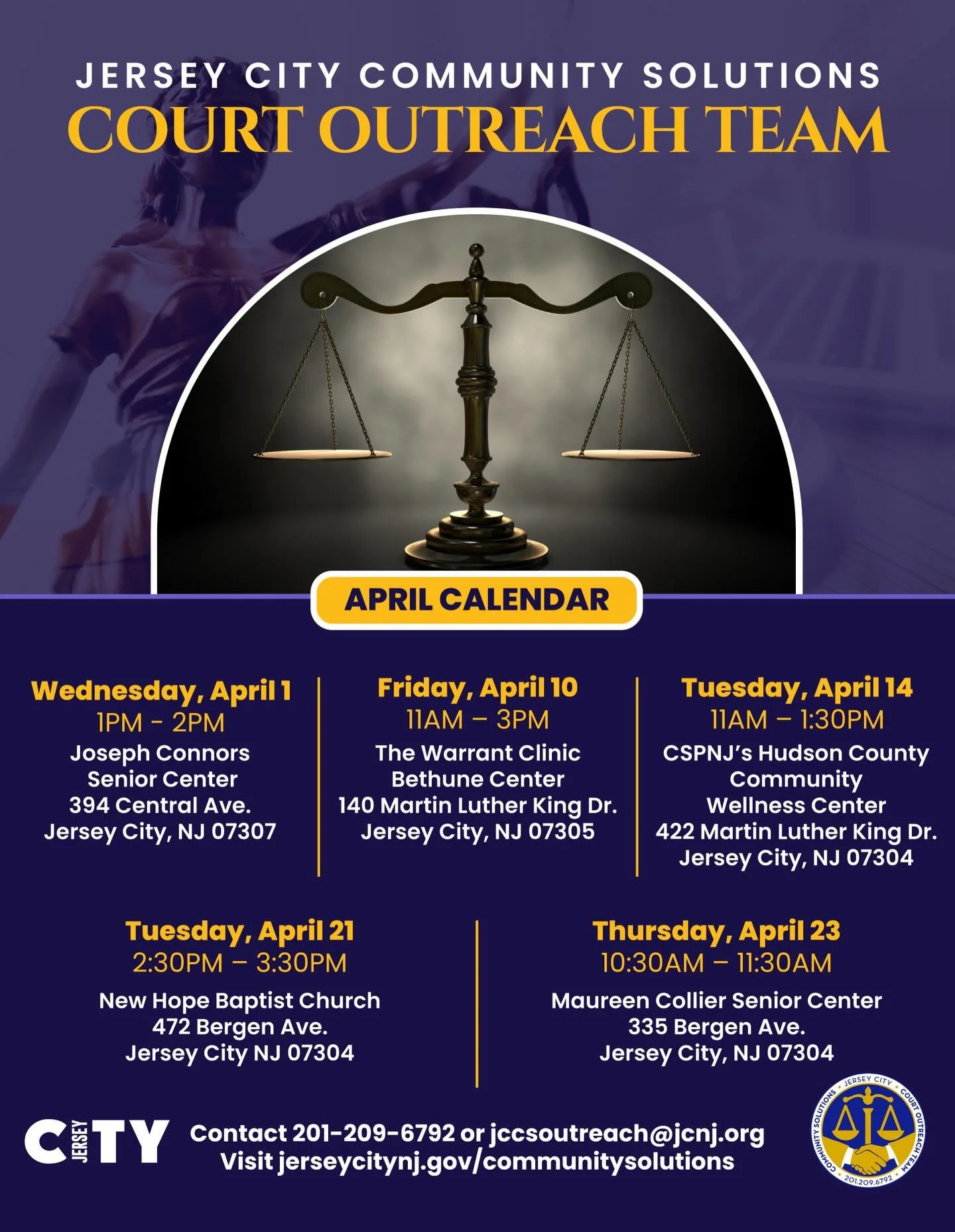 Jersey City  Warrant Clinic Community Solutions Court Outreached Friday, April 10 11AM - 3PM Details on Flyer