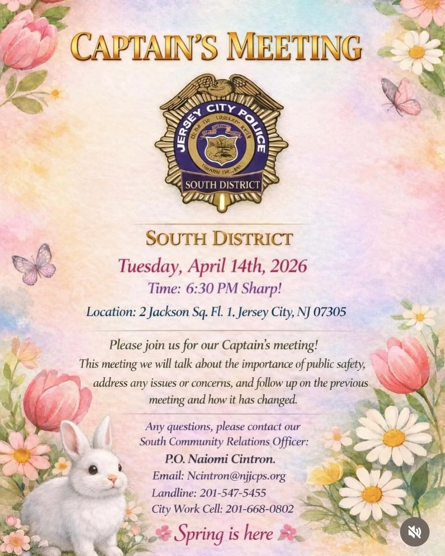 Bring your quality of life concerns to the JCPD Captains Meeting April@14th 6:30pm details on flyer.