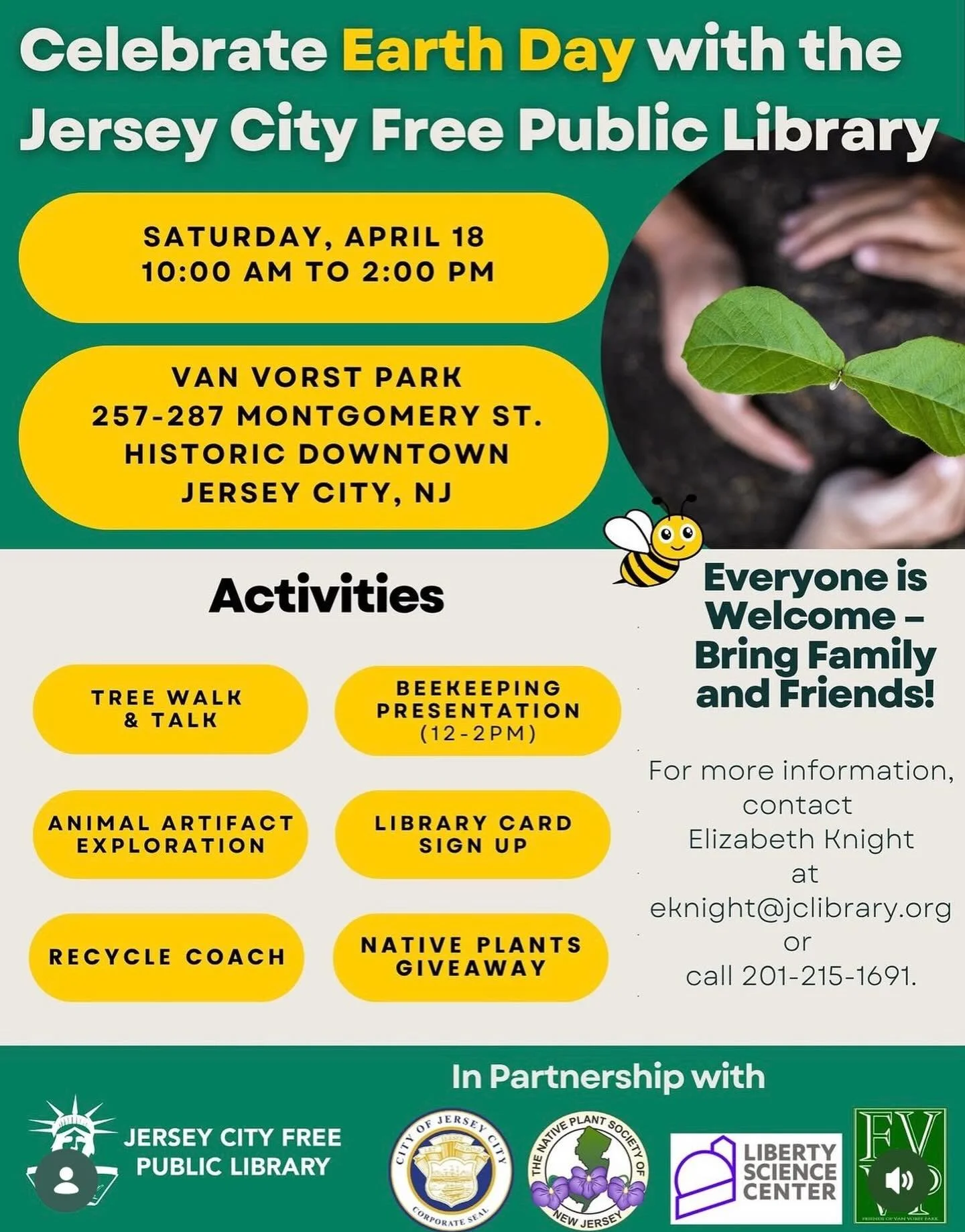 April 18th Celebrate Earth Day With Jersey City Free Public Library Details On Flyer.