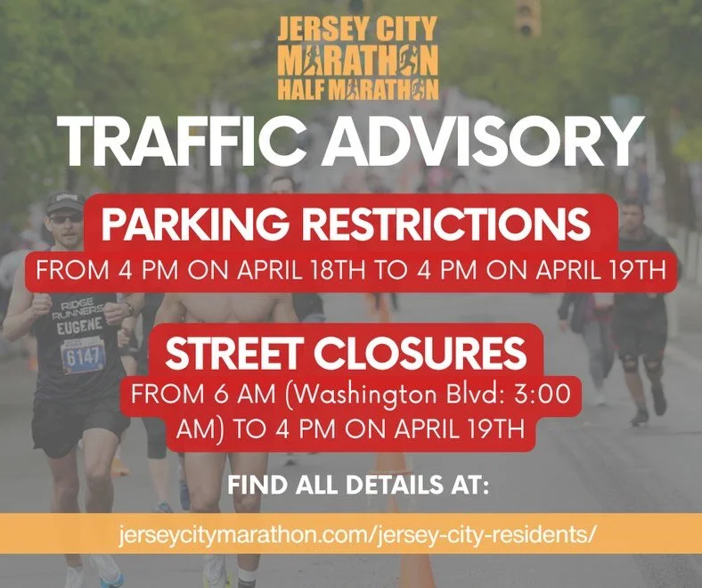AlertJC: JERSEY CITY MARATHON &mdash; SUNDAY, APRIL 19 | IMPORTANT NOTICE FOR RESIDENTS 

The 4th Annual Jersey City Marathon takes place this Sunday, April 19, with a 7:00 AM start. If you live in Port Libert&eacute;, Paulus Hook, or Hamilton Park, 