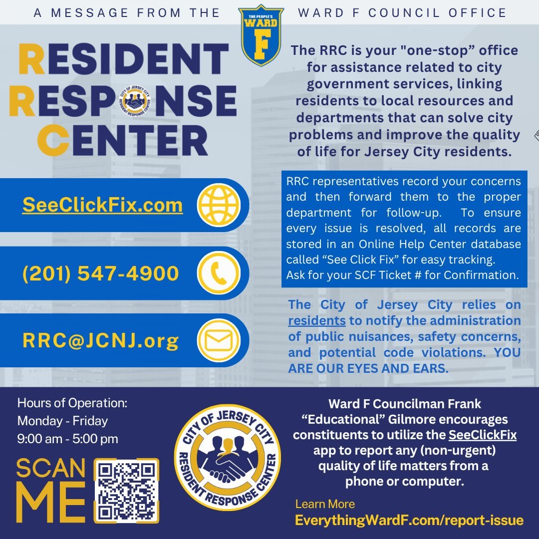📢 QUALITY OF LIFE CONCERNS 📢

For all non-emergency quality of life concerns, residents are encouraged to contact the Resident Response Center (RRC) at 📞 (201) 547-4900 to report the issue.

Once the complaint is submitted:
✔️ The concern will be 