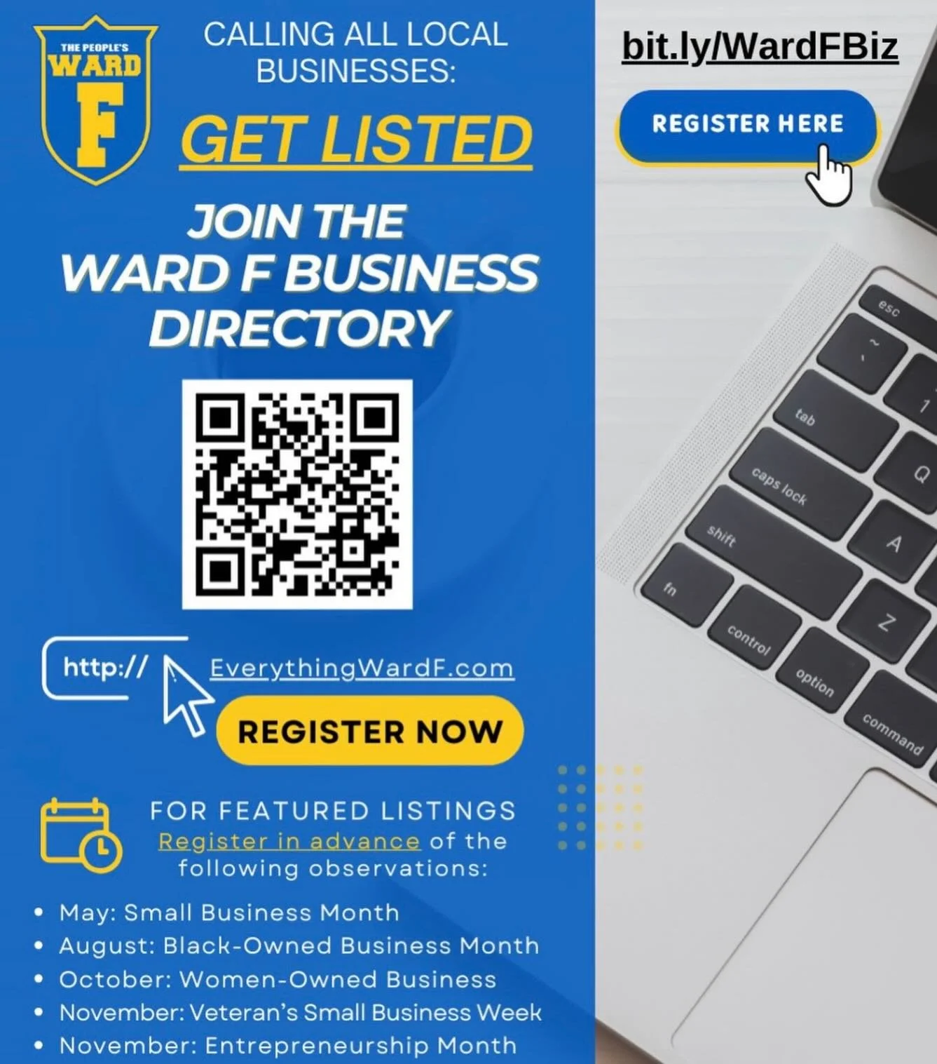 📣 CALLING ALL WARD F BUSINESSES! 🏪✨

The Office of Ward F is excited to continue building our Ward F Business Directory &mdash; a resource designed to help residents discover, support, and connect with local businesses right here in our community!
