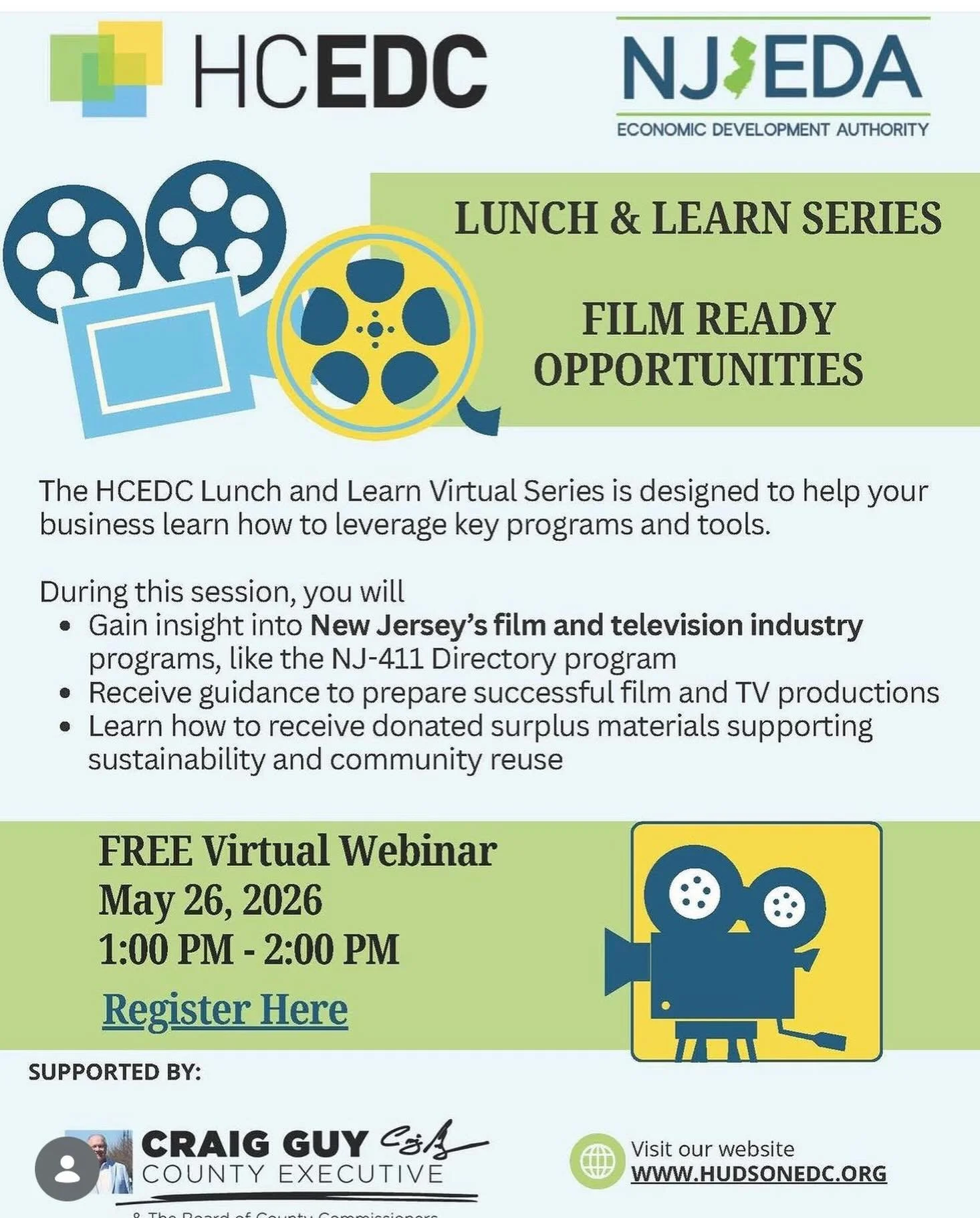 HCEDC Lunch &amp; Learn Film Opportunity Today 1pm - 2pm  Details in Flyer