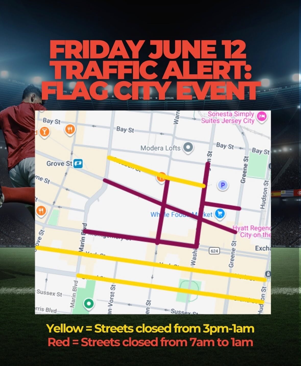 Streets Will Be Closed Down For June 12th Details On Flyers Jersey City Flag Cities Festival: Enjoy food trucks, beer gardens, and vendor villages. Happening along Columbus Drive (June 12),