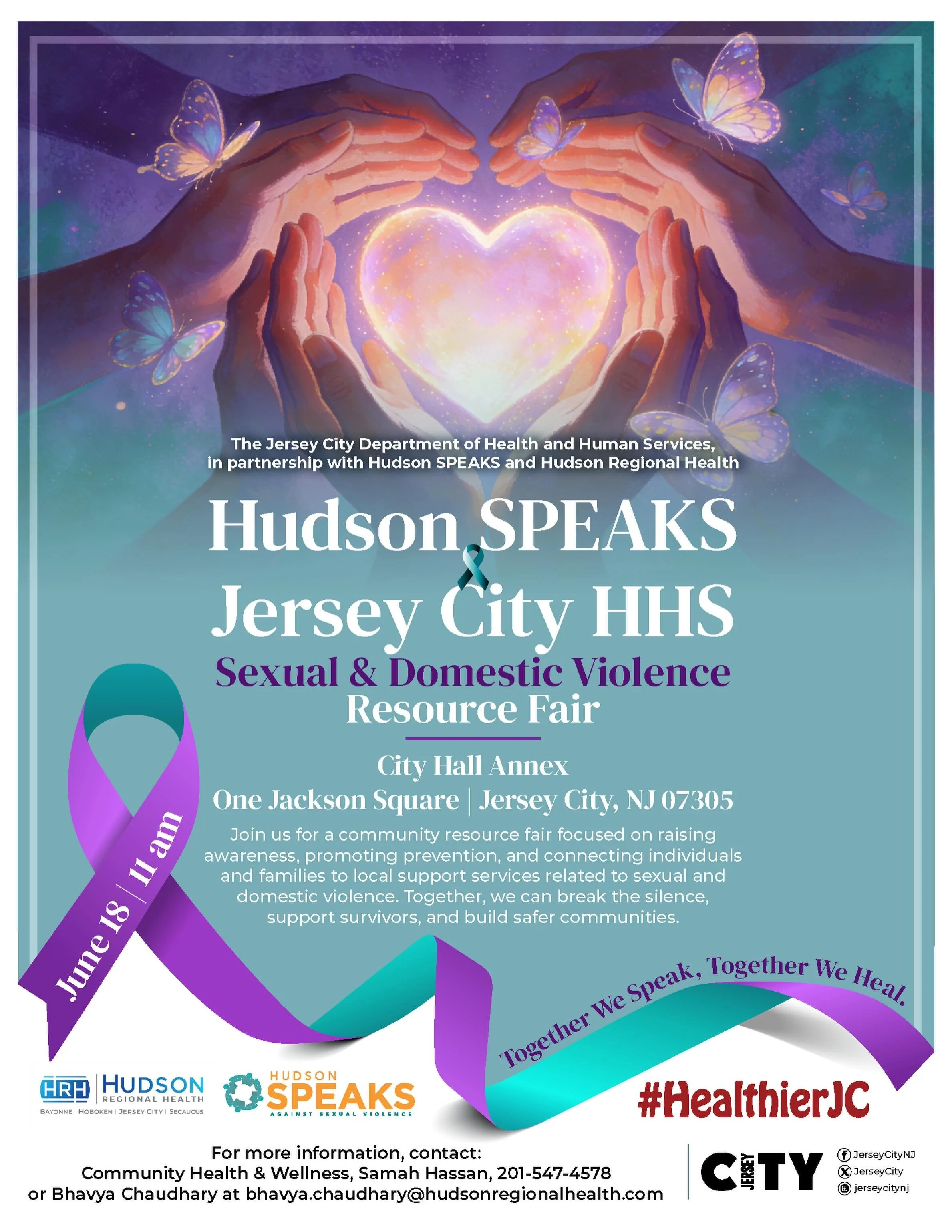 💜 Join  for the Jersey City Sexual &amp; Domestic Violence Resource Fair 💜

📅 Wednesday, June 18, 2026
🕚 11:00 AM
📍 City Hall Annex
One Jackson Square, Jersey City, NJ 07305

The Jersey City Department of Health &amp; Human Services, in partners