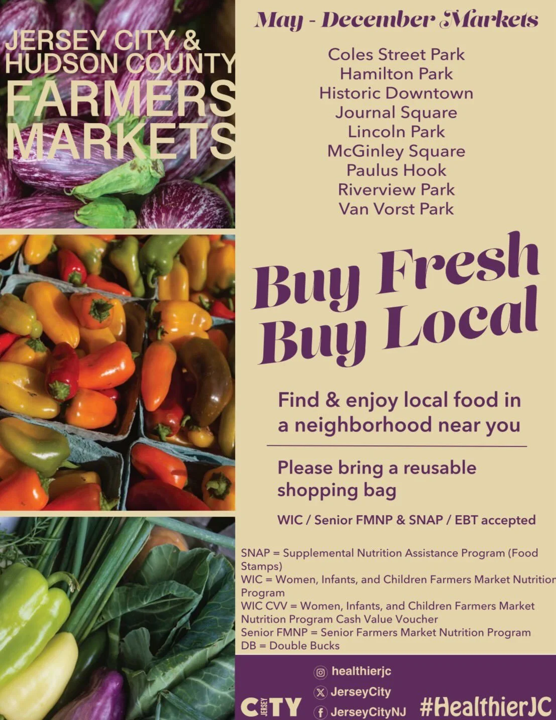 Jersey City Fresh Farmers Market Locations &amp; Days Details on Flyer