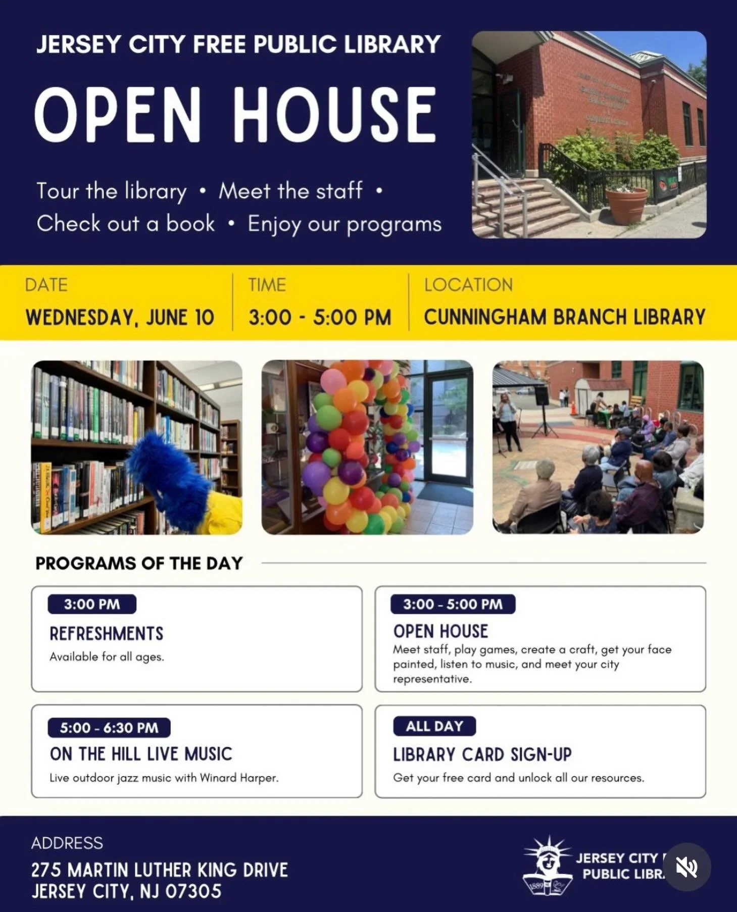 Jersey City FREE Public Library Open House Details on Flyer