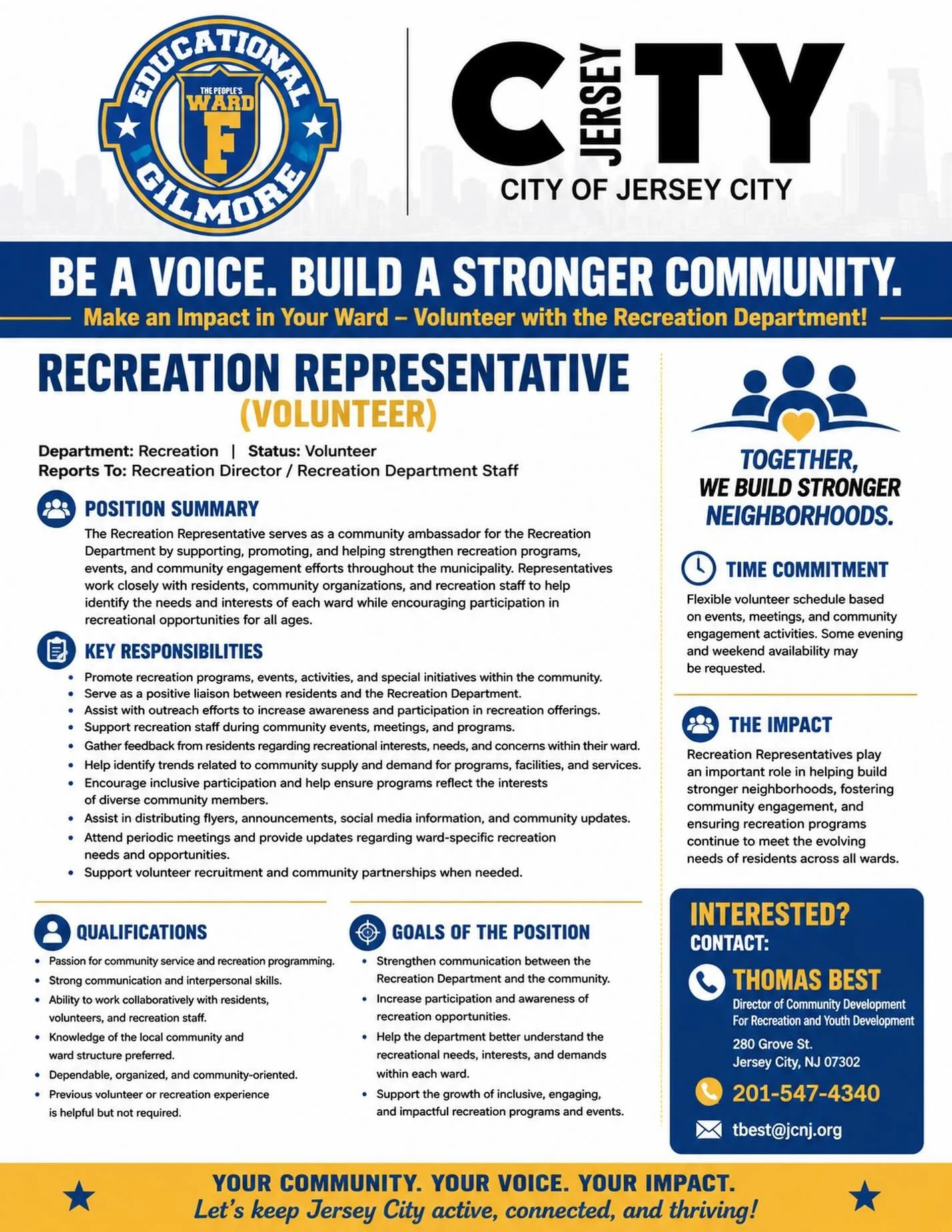 🌳🏀🎨 Do you care about the future of parks, recreation, and community programming in Jersey City?

JC&rsquo;s Department of Recreation &amp; Youth Development is seeking volunteer Recreation

Representatives to help strengthen communication between