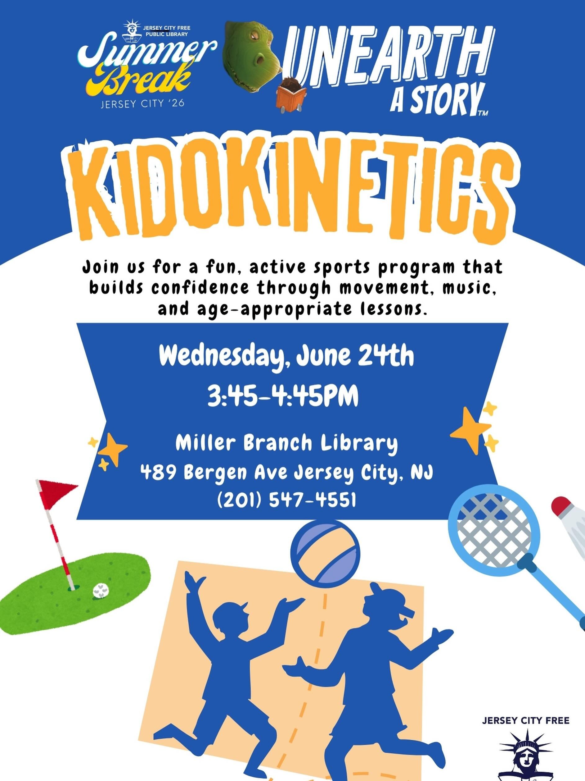 Summer Break Presents Kidokinetics for Kids 🦕
 

Join us for Kidokinetics, an engaging introduction to sports designed to motivate children ages 6-11 to be active and build confidence. The program includes a warm-up, introduction of a new sport or a