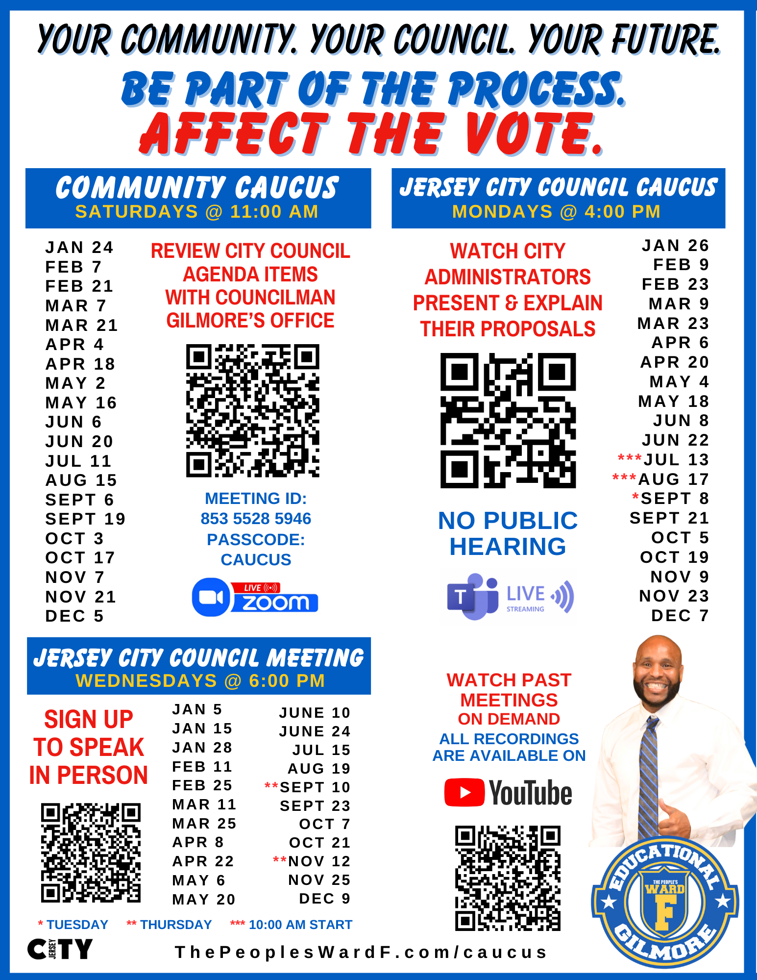 Community and council meeting schedules for Jersey City, including dates, times, locations, and participation details, with QR codes for more information and video streaming options.