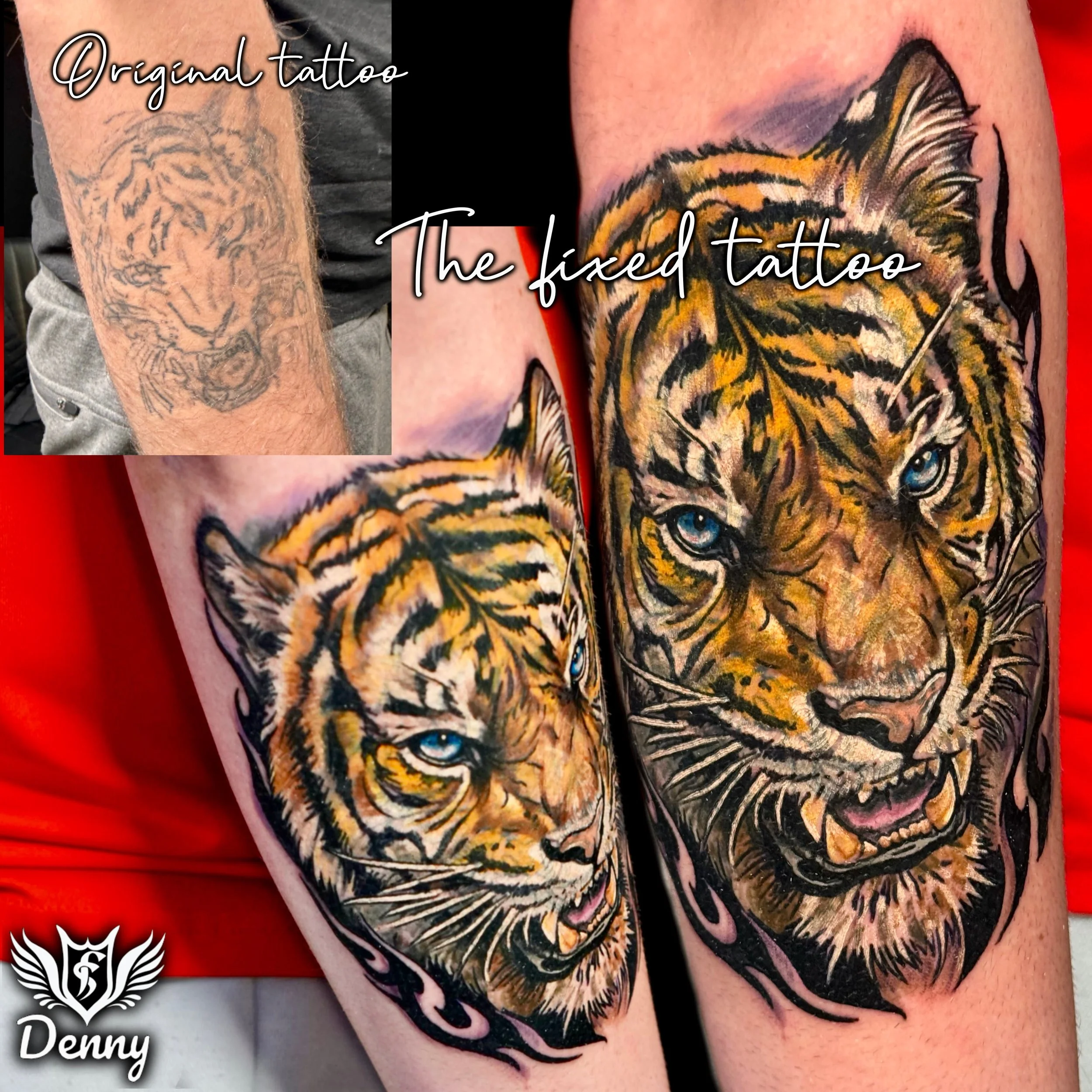 Full colour tiger tattoo by Edmonton tattoo artist Denny Bouvier at Flying Shield Tattoo (1).jpg