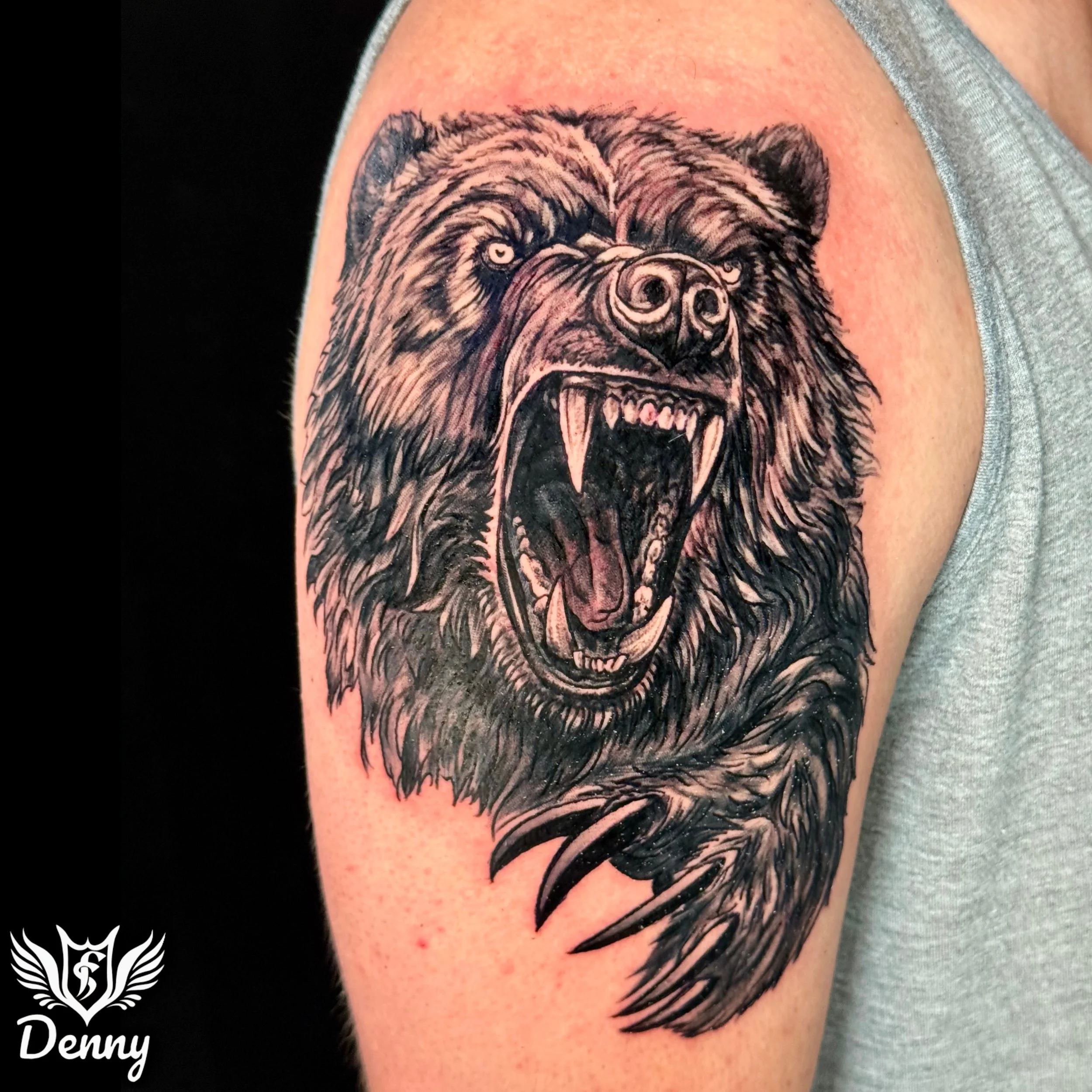 Black and grey bear tattoo by Edmonton tattoo artist Denny Bouvier at Flying Shield Tattoo (1).jpg