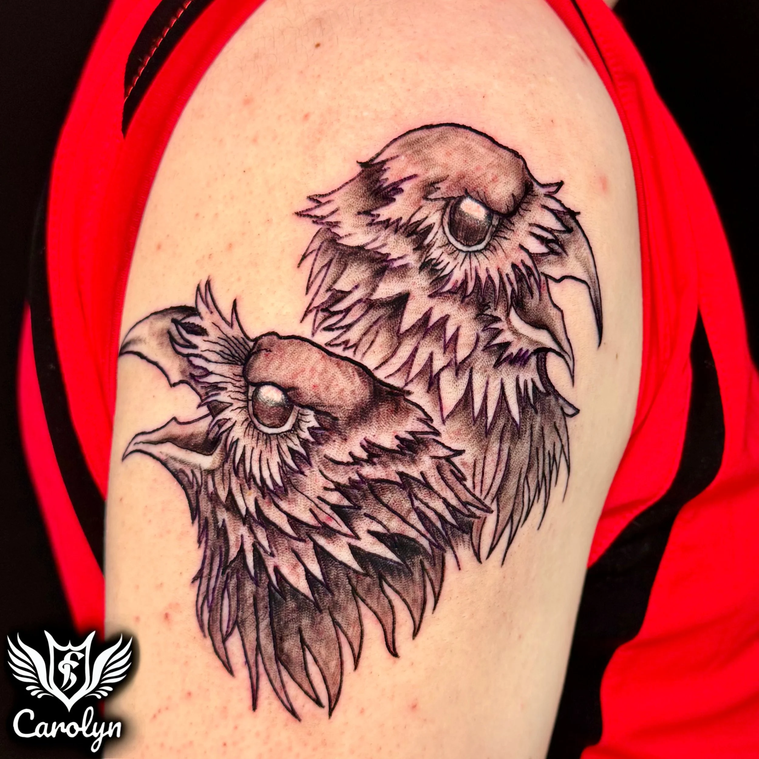 Black and grey ravens tattoo by Edmonton artist Carolyn Agopsowicz at Flying Shield Tattoo (1).jpg