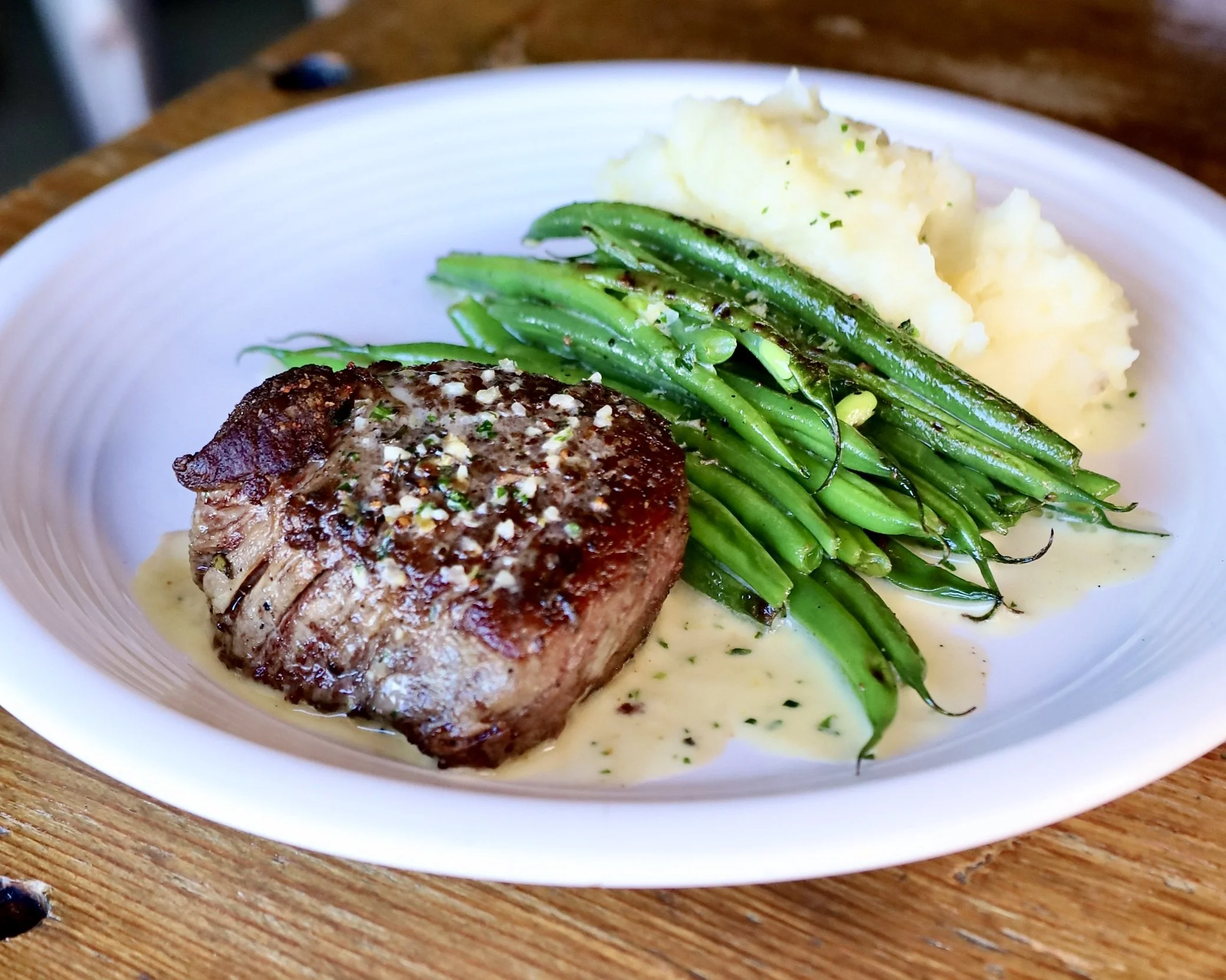 Filet Mignon served with Yukon gold mash and sauteed green beans - Dinner Special