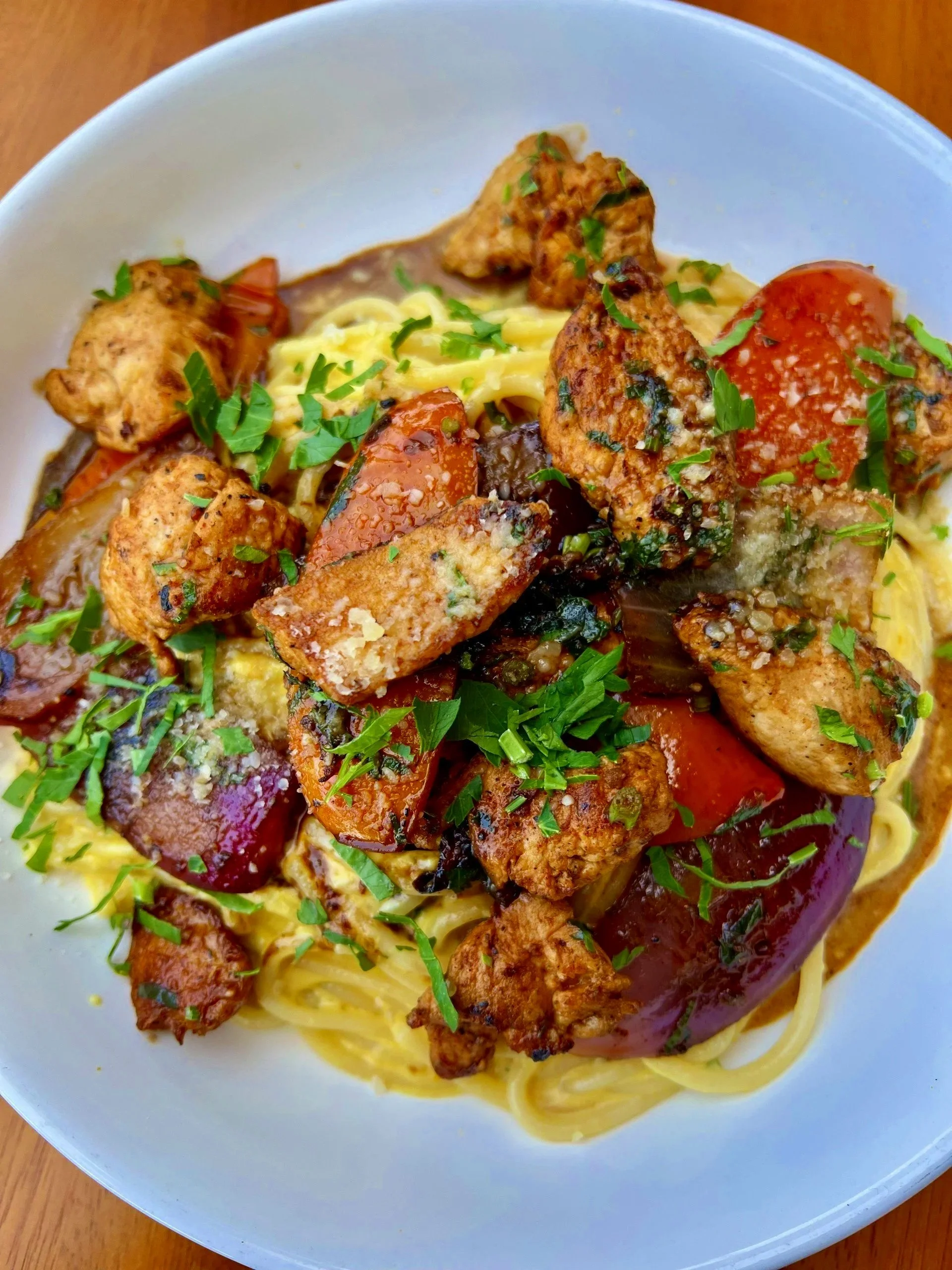 Chicken saltado with Pasta Huancaina.jpg