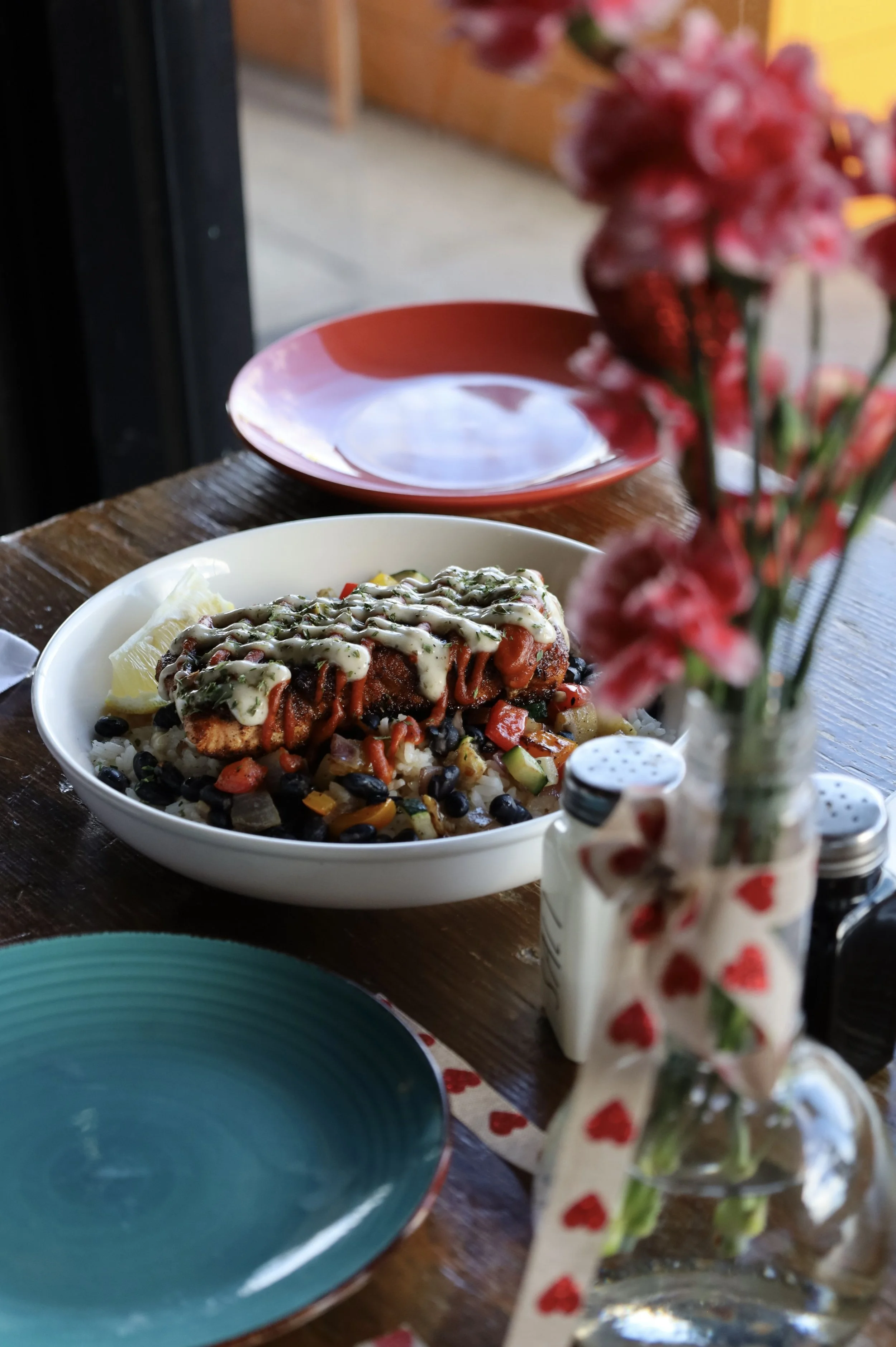 Blackened Salmon with sautéed vegetable succotash, garlic aioli and chile de arbol gastrique - Dinner Special