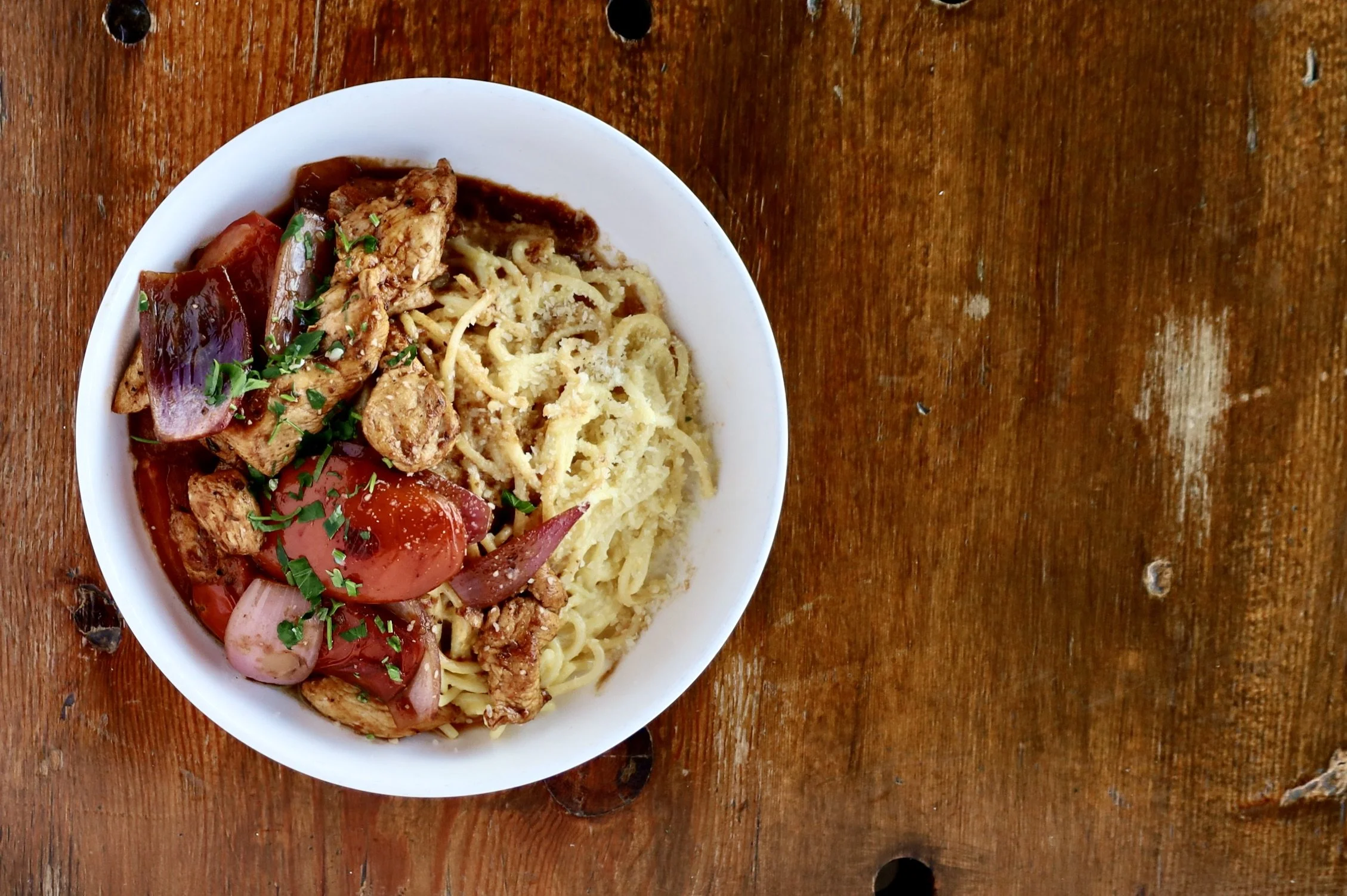 Chicken Saltado pasta with huancaina sauce - Dinner Special