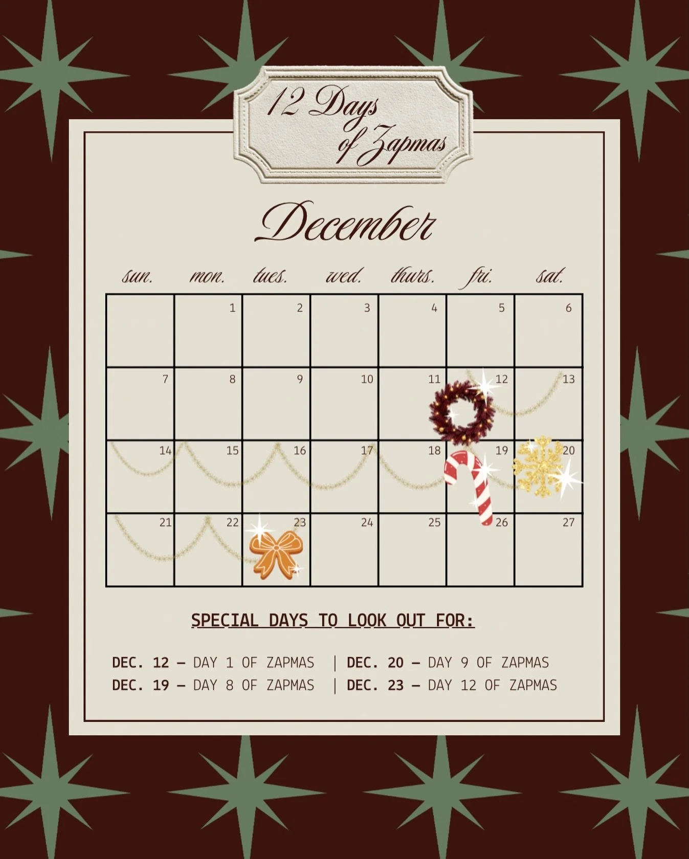 The 12 Days of Zapmas kicks off Friday, Dec. 12th! 🫶🏼

We&rsquo;ve lined up surprises, giveaways, and holiday deals just for you! 

Keep an eye out for select dates with exclusive giveaways 🌲🤍

⤷ Dec.12
⤷ Dec.19
⤷ Dec.20
⤷ Dec.23

Plus, enjoy 10%