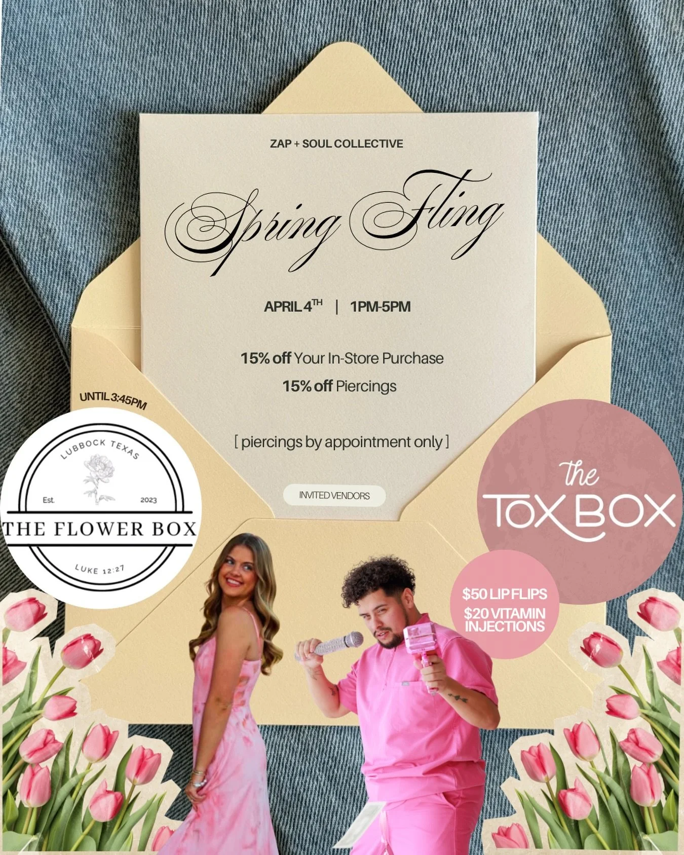 Spring Fling is calling your name 🌷💫 Join us this weekend for a little self-care, a little sparkle, and a lot of fun.

⟢ 15% off in-store purchases
⟢ 15% off piercings (appointment only)

Featuring:
⁠⌓ @theflowerboxlbk with Anndee + her dreamy yell
