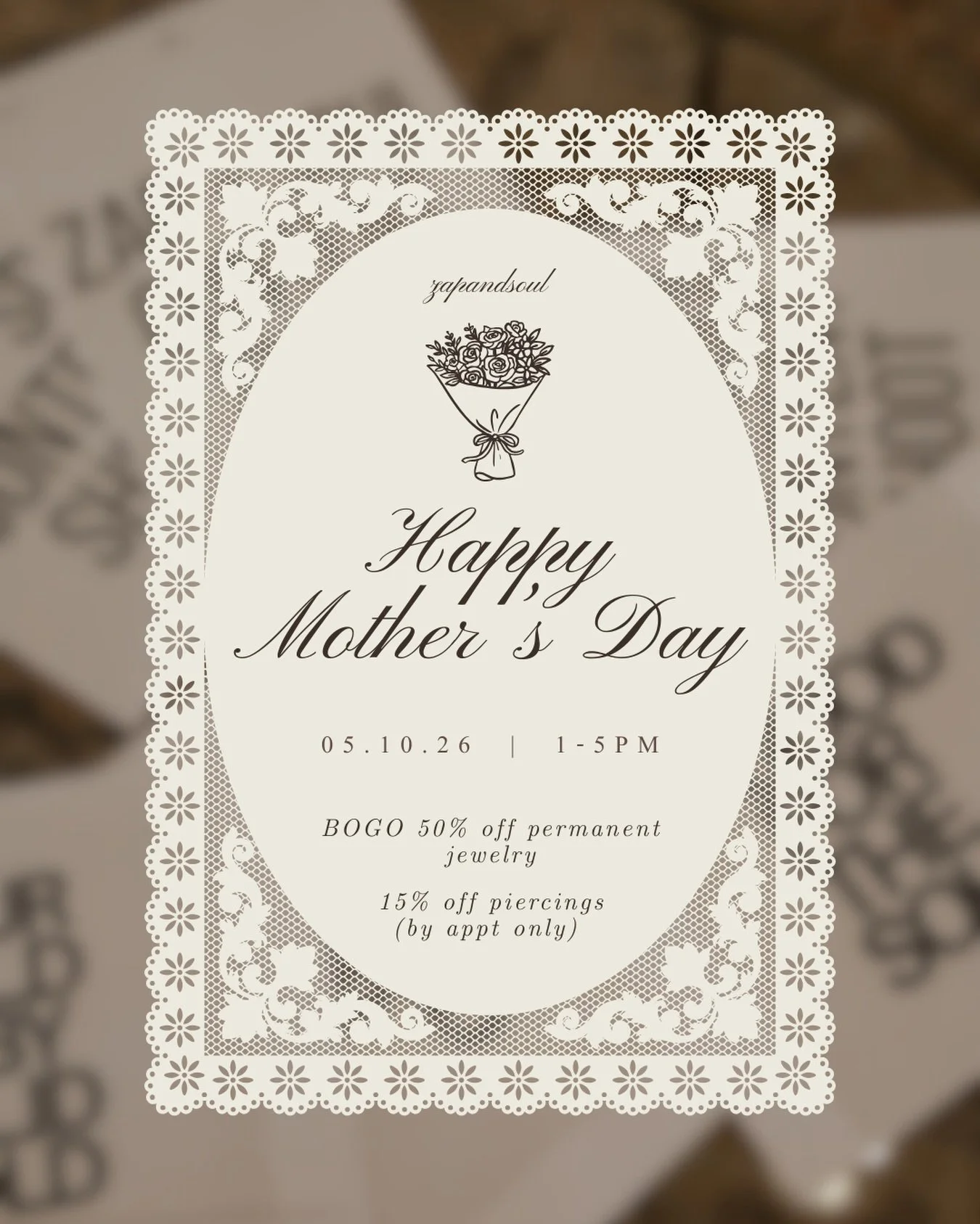 Zap+Soul Collective will be having a deal for Mother&rsquo;s Day 💌 .ᐟ.ᐟ

⟢  BOGO 50% off Permanent Jewelry 🫶🏼
⟢  15% off piercings (by appt only) 👂🏼🪡✨
⟢  15% off your in-store purchase 🛒

We hope to see you pop in!