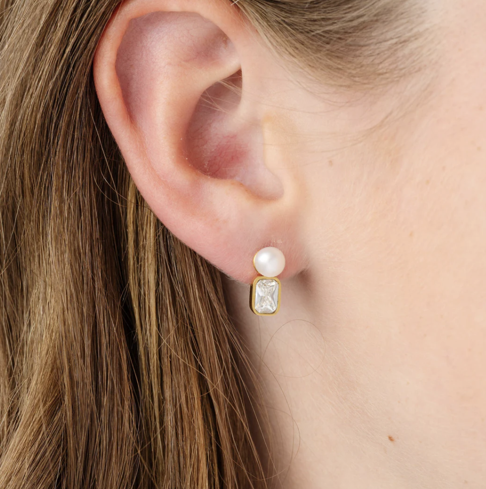Pearl Stud  + Diamond Emerald Charm Set