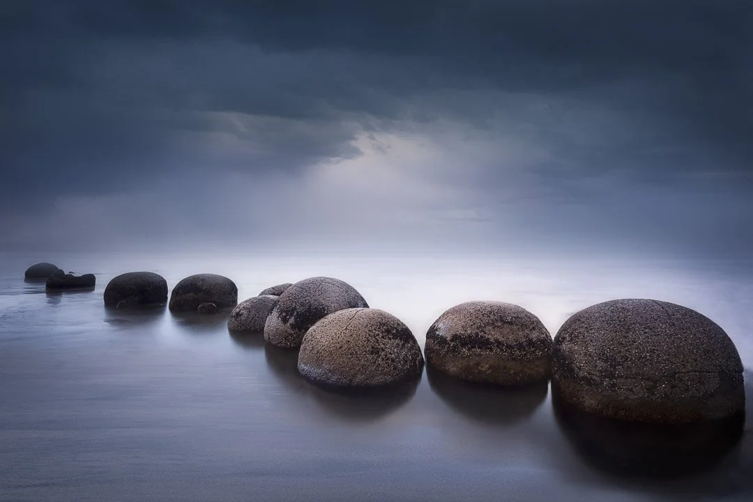 moeraki boulders in new zealand south island, storm, 